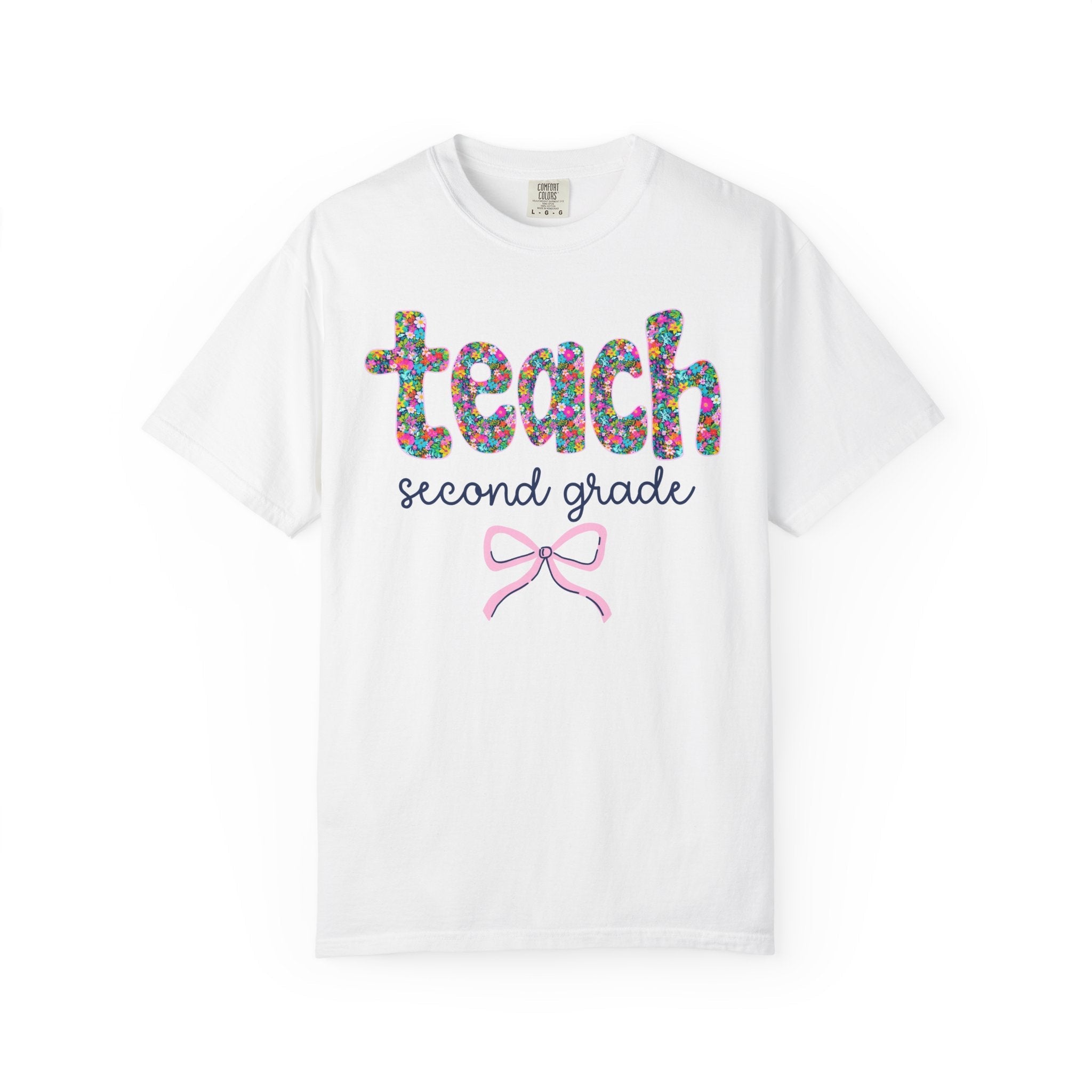Second Grade Teacher Tee Shirt with Colorful Flowers and Bow, Teacher Team Tee for Back to School, New Teacher Gift, Teacher Appreciation - Opal and June