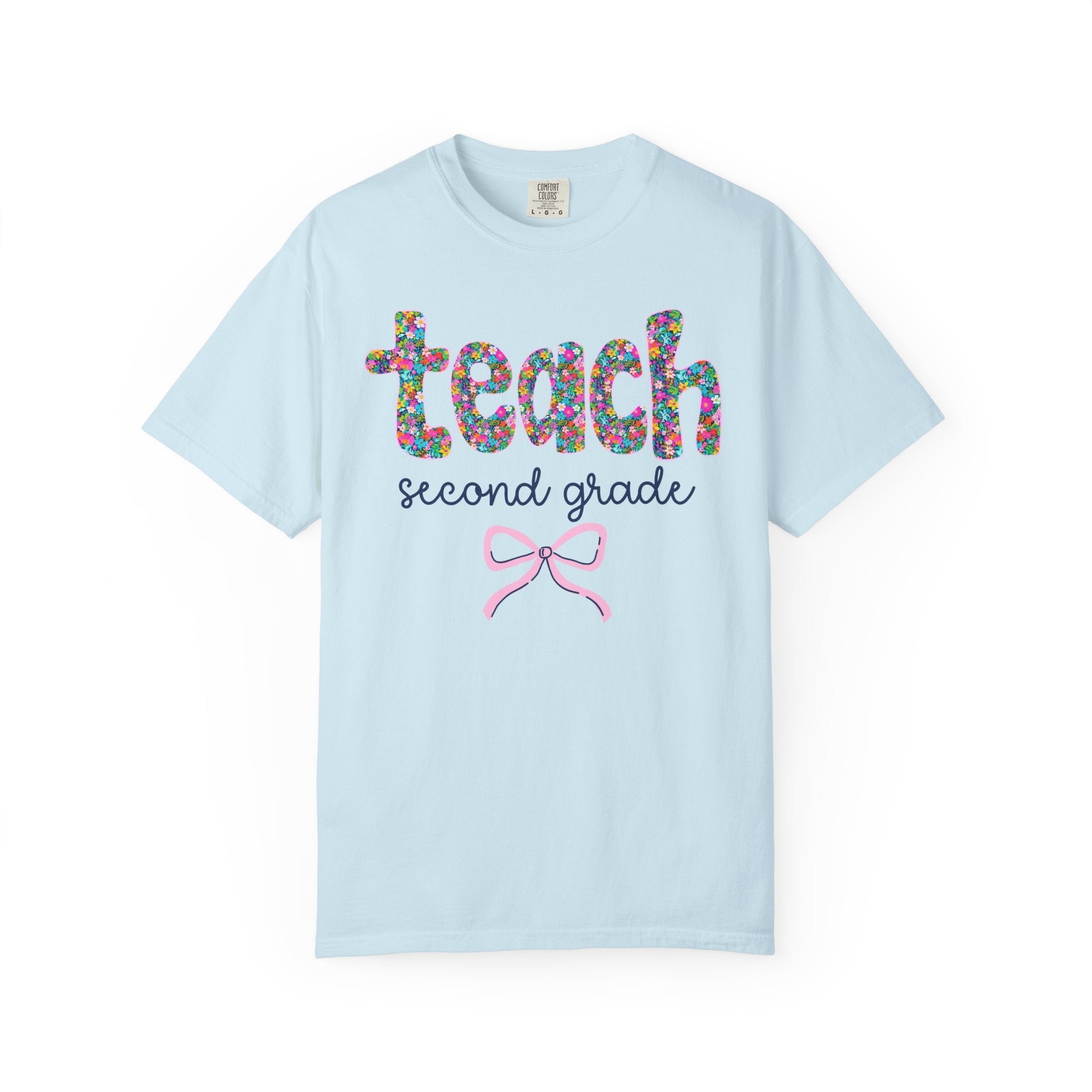 Second Grade Teacher Tee Shirt with Colorful Flowers and Bow, Teacher Team Tee for Back to School, New Teacher Gift, Teacher Appreciation - Opal and June
