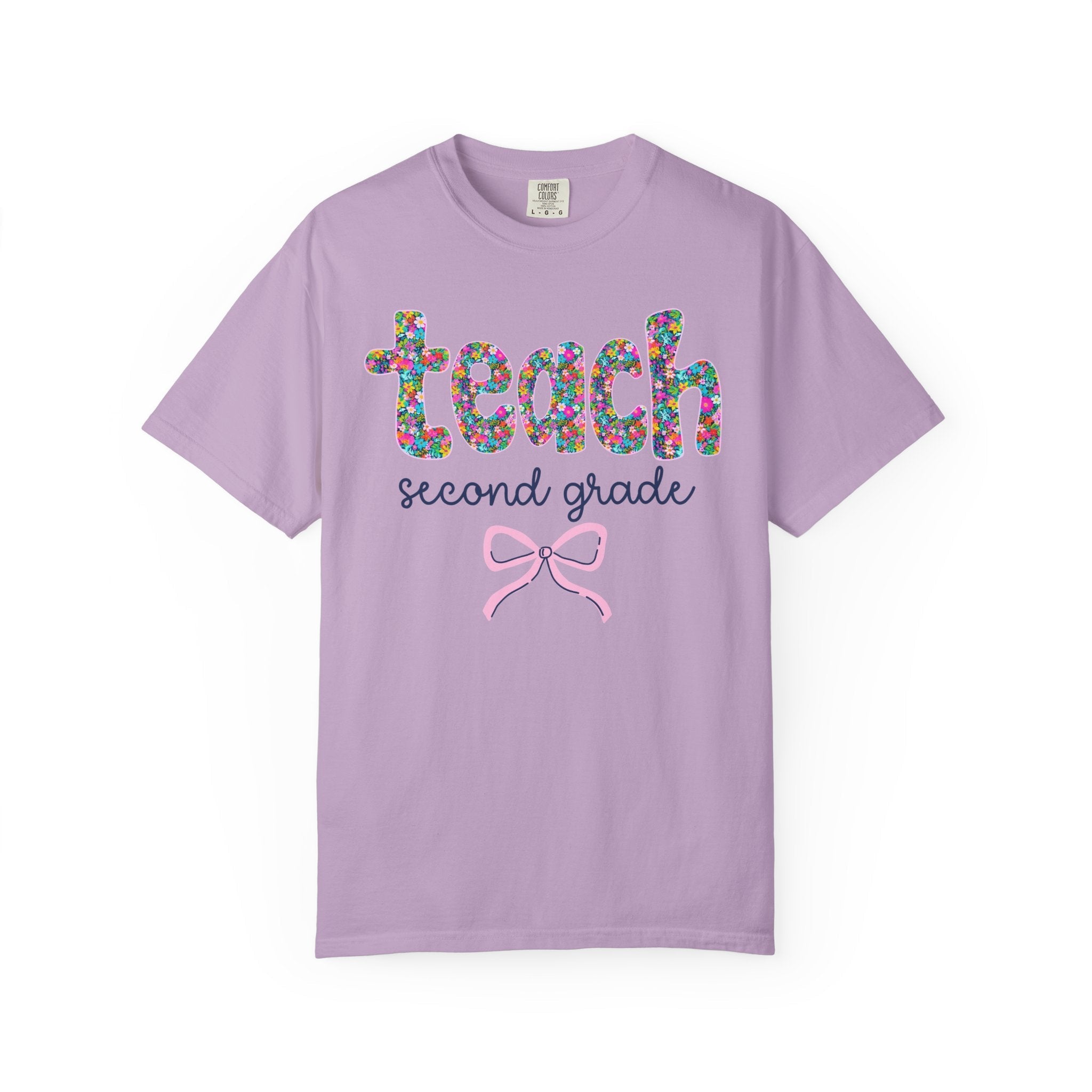 Second Grade Teacher Tee Shirt with Colorful Flowers and Bow, Teacher Team Tee for Back to School, New Teacher Gift, Teacher Appreciation - Opal and June