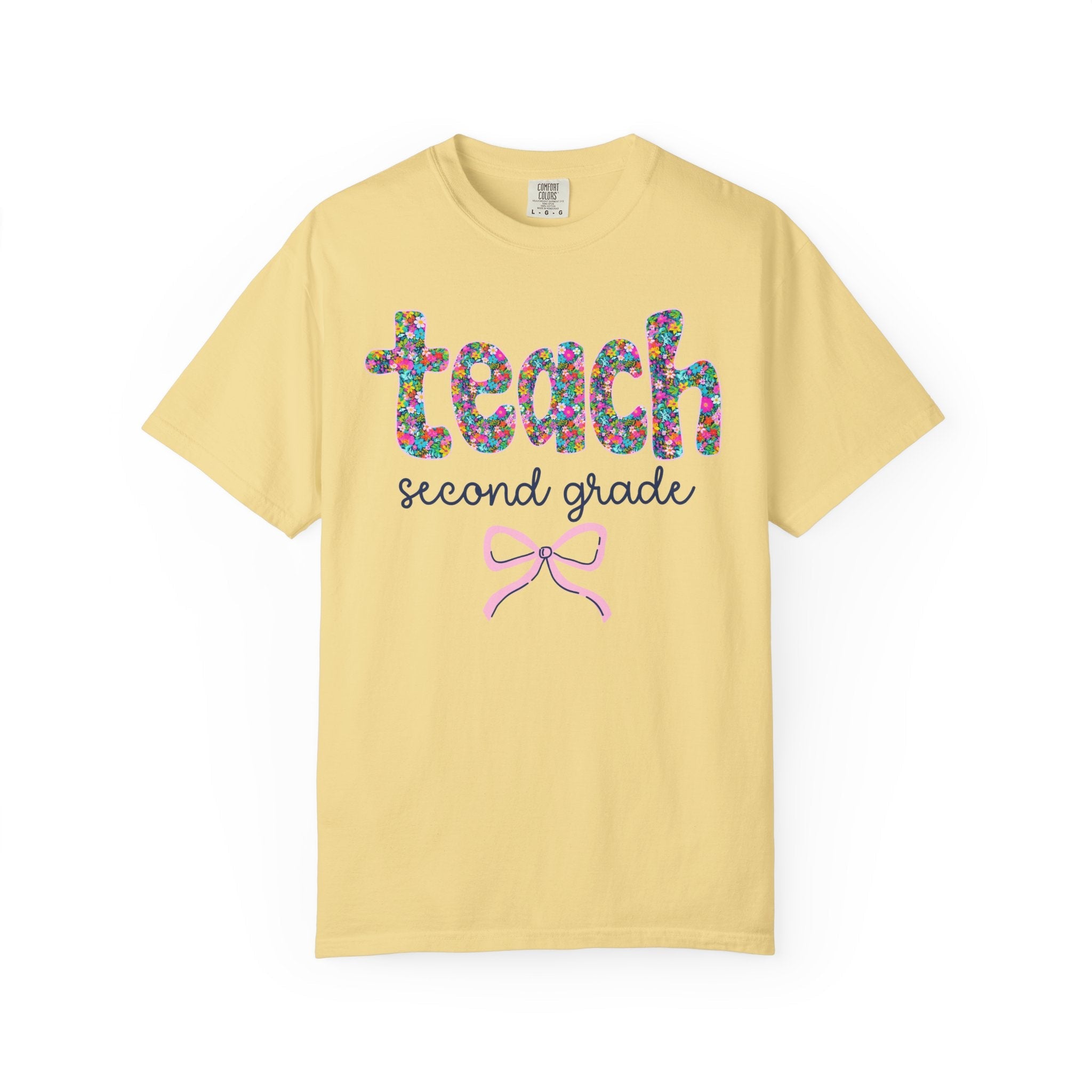Second Grade Teacher Tee Shirt with Colorful Flowers and Bow, Teacher Team Tee for Back to School, New Teacher Gift, Teacher Appreciation - Opal and June