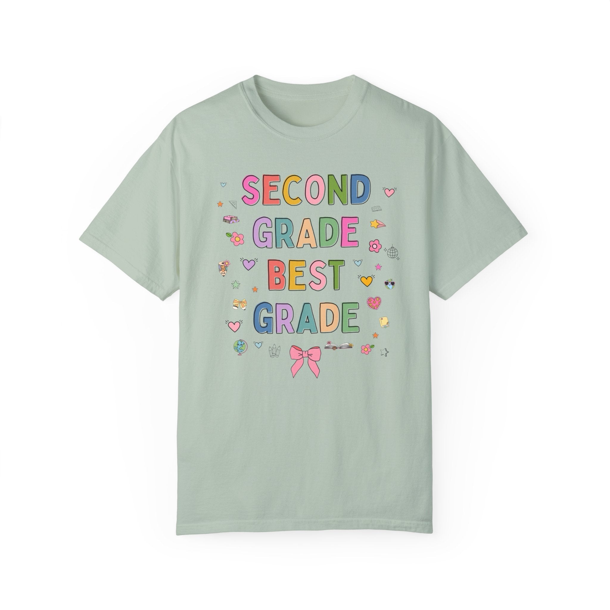 Second Grade Teacher Tee Shirt with Cute 90s Aesthetic Doodles, Colorful Matching Teacher T-Shirt for Second Grade Crew, New Teacher Present - Opal and June