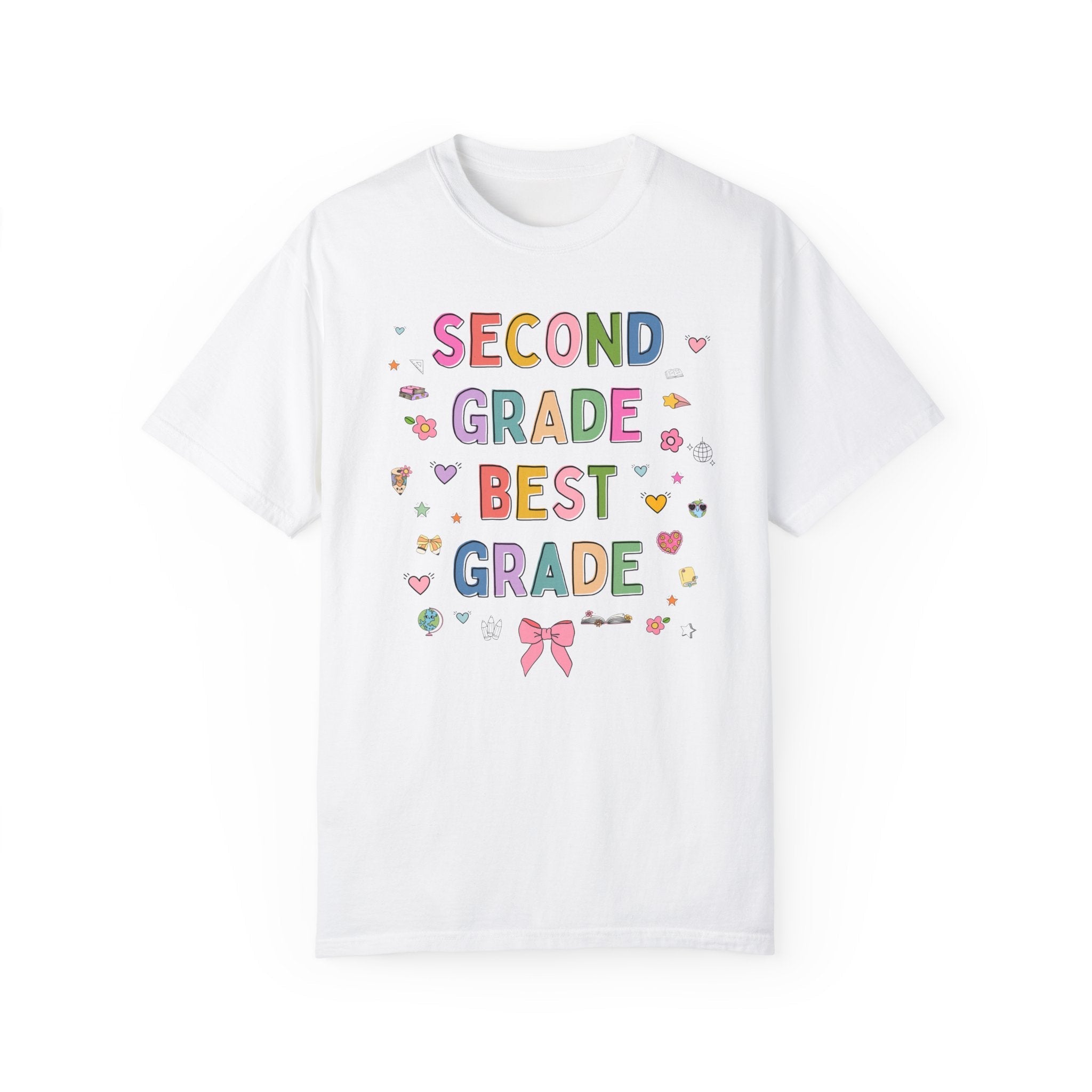 Second Grade Teacher Tee Shirt with Cute 90s Aesthetic Doodles, Colorful Matching Teacher T-Shirt for Second Grade Crew, New Teacher Present - Opal and June