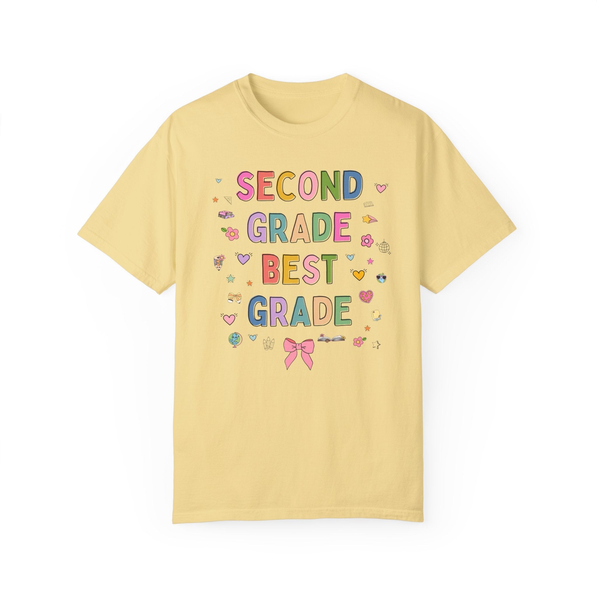 Second Grade Teacher Tee Shirt with Cute 90s Aesthetic Doodles, Colorful Matching Teacher T-Shirt for Second Grade Crew, New Teacher Present - Opal and June