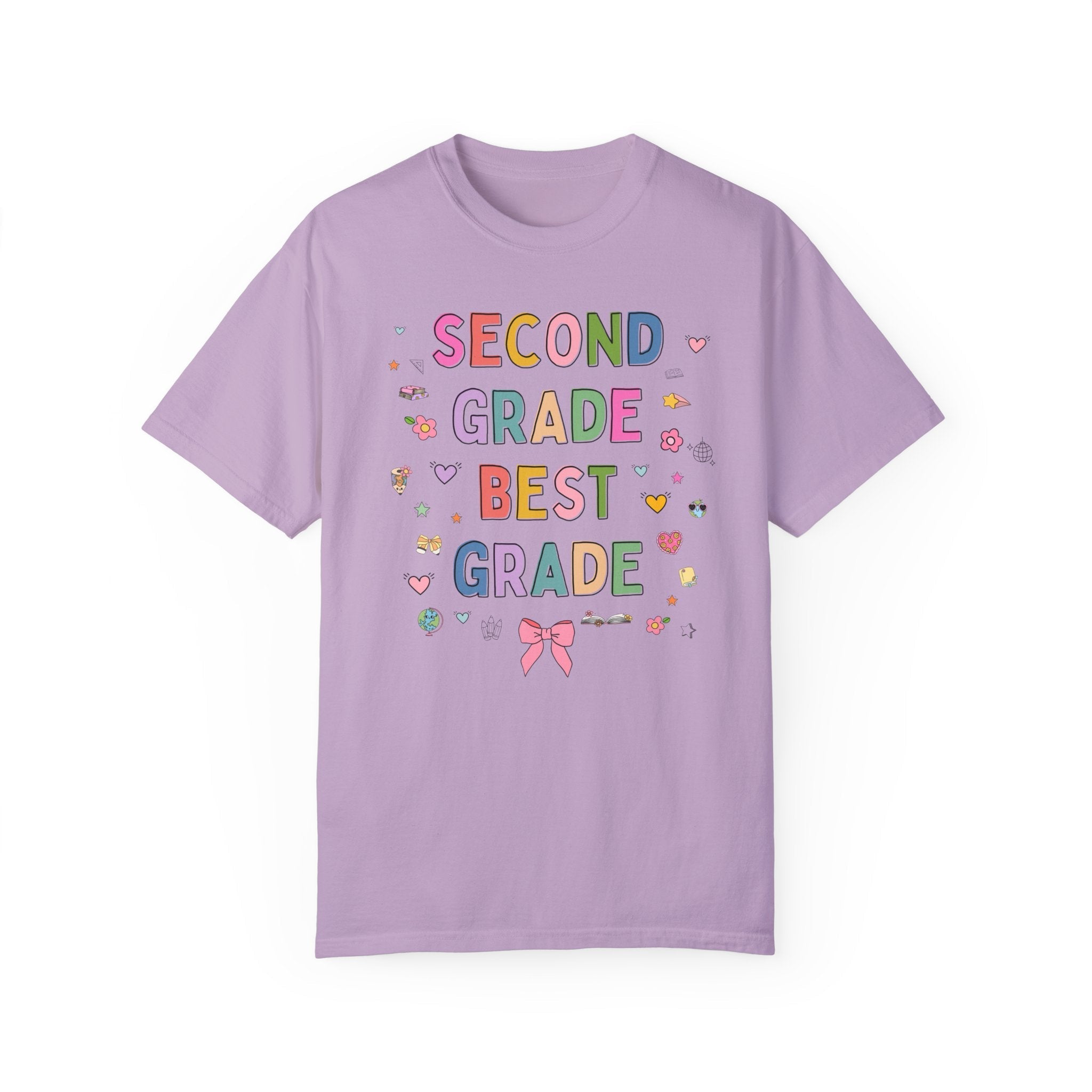 Second Grade Teacher Tee Shirt with Cute 90s Aesthetic Doodles, Colorful Matching Teacher T-Shirt for Second Grade Crew, New Teacher Present - Opal and June