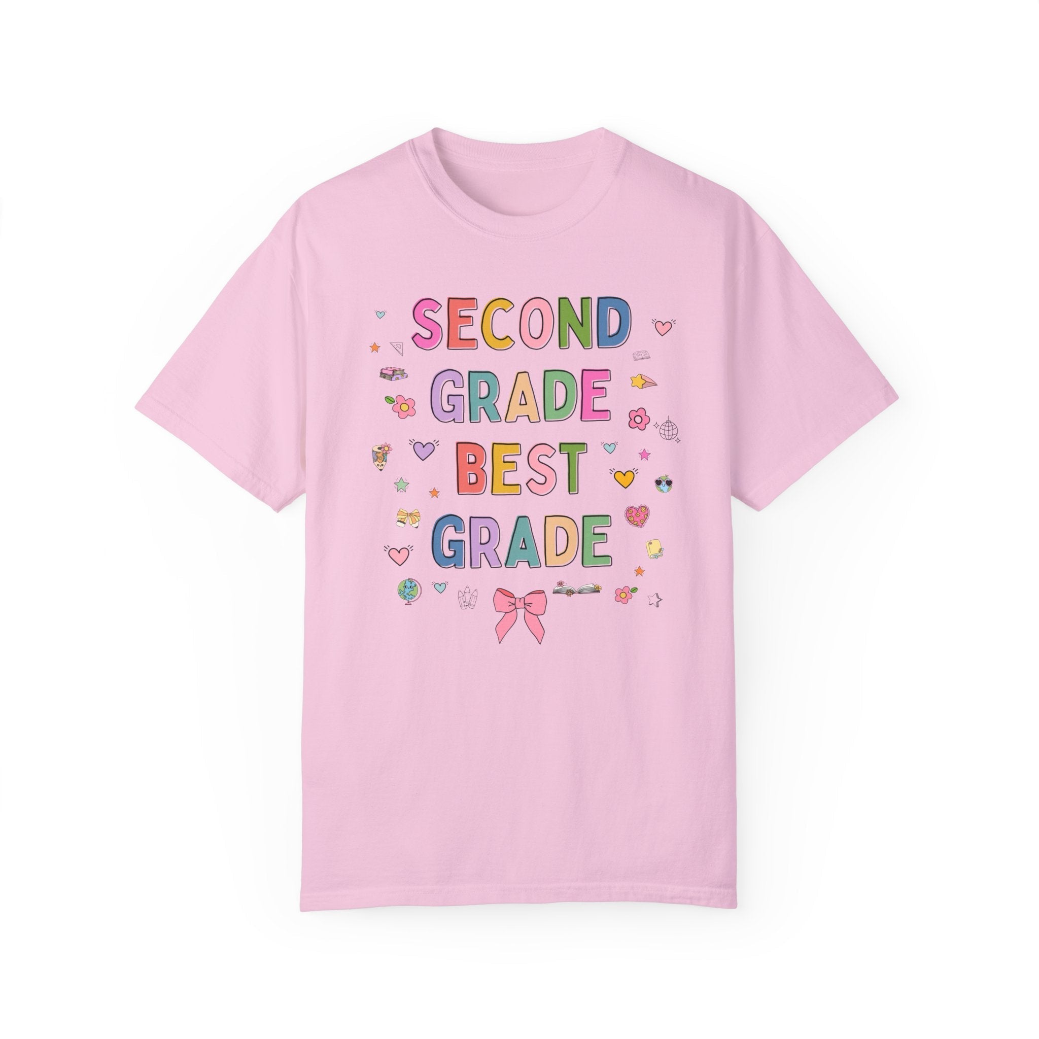 Second Grade Teacher Tee Shirt with Cute 90s Aesthetic Doodles, Colorful Matching Teacher T-Shirt for Second Grade Crew, New Teacher Present - Opal and June