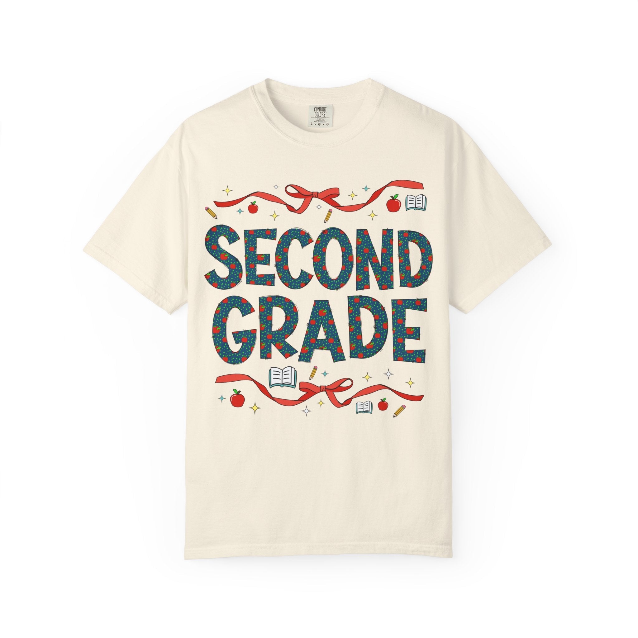 Second Grade Teacher Tee Shirt with Cute Bows and Retro Apples, Teacher Team T-Shirt for Back to School, First Day of School Matching Tee - Opal and June