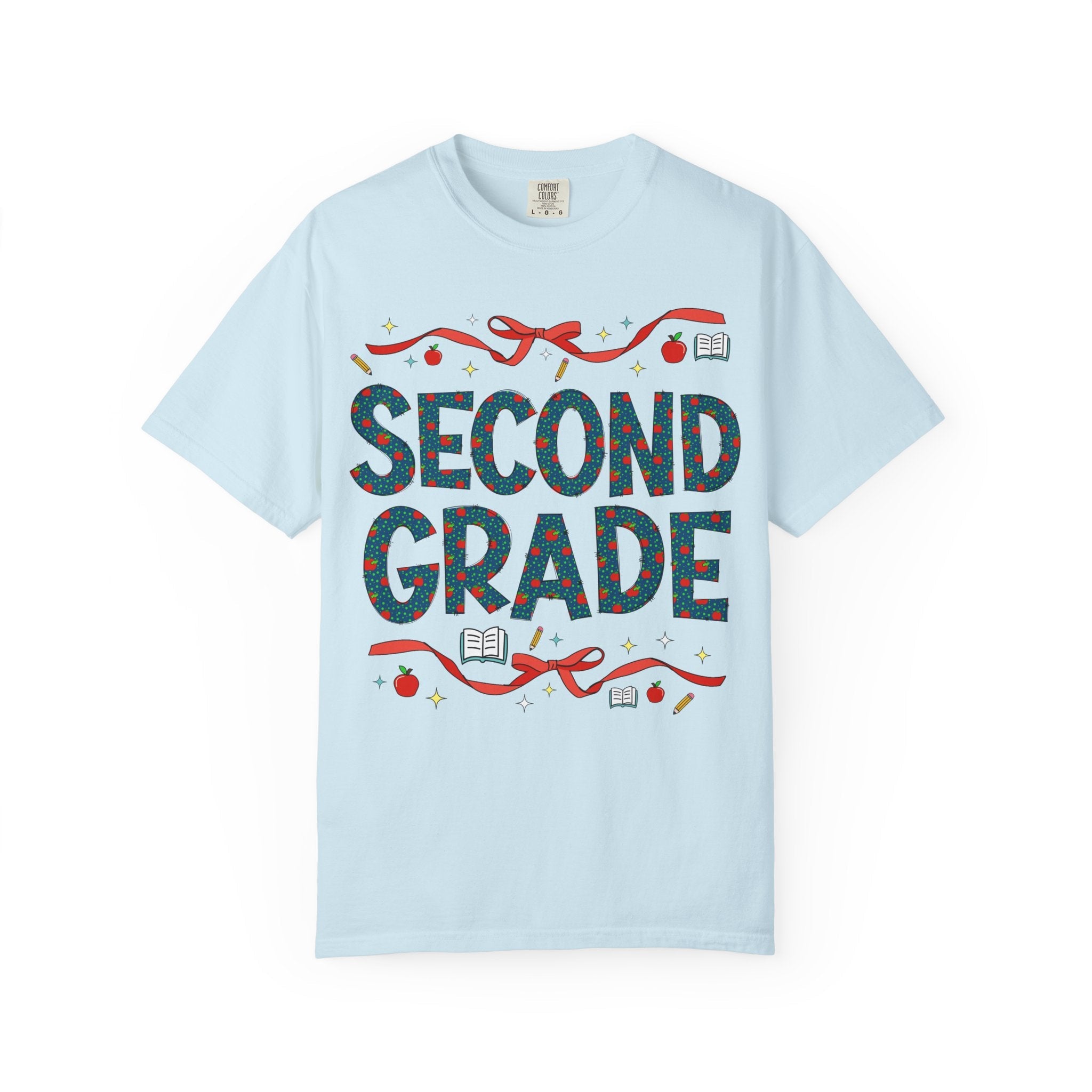 Second Grade Teacher Tee Shirt with Cute Bows and Retro Apples, Teacher Team T-Shirt for Back to School, First Day of School Matching Tee - Opal and June
