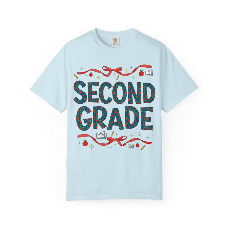 Second Grade Teacher Tee Shirt with Cute Bows and Retro Apples, Teacher Team T-Shirt for Back to School, First Day of School Matching Tee - Opal and June
