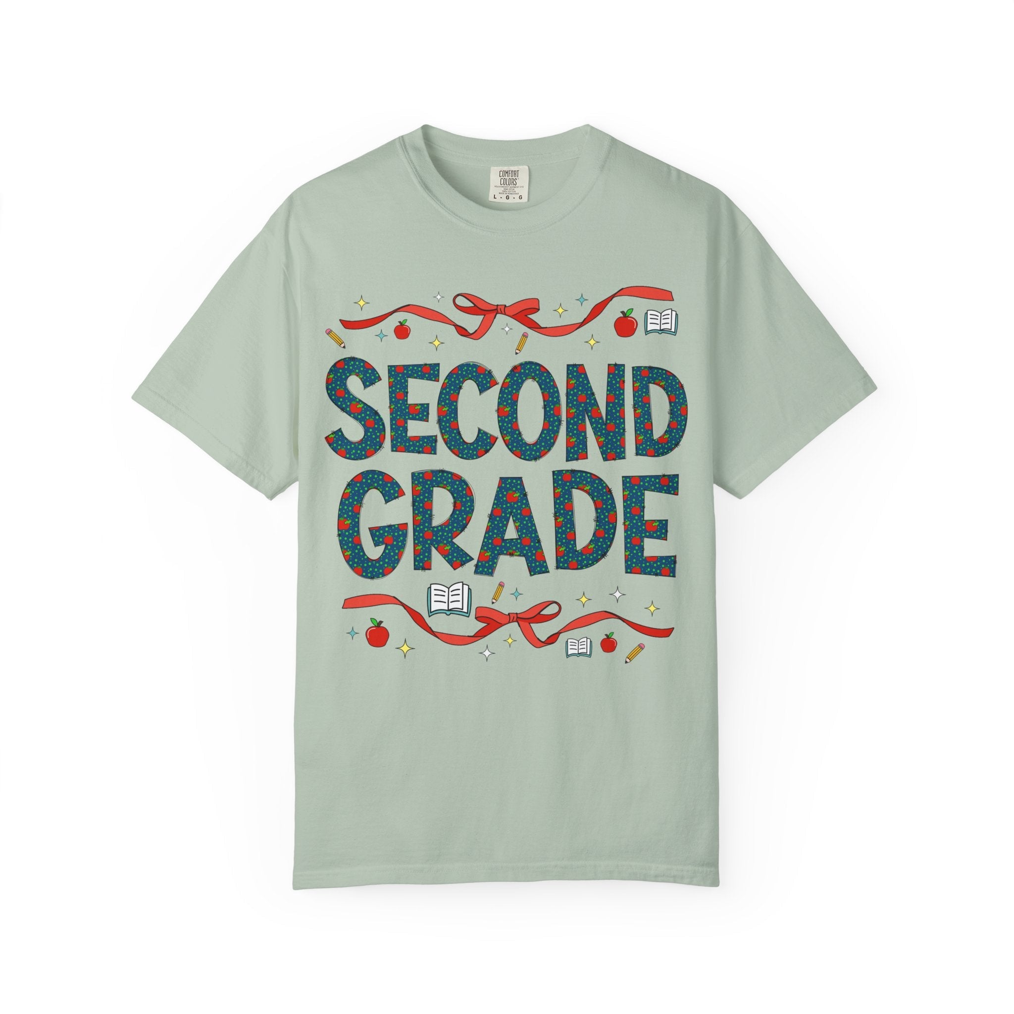 Second Grade Teacher Tee Shirt with Cute Bows and Retro Apples, Teacher Team T-Shirt for Back to School, First Day of School Matching Tee - Opal and June