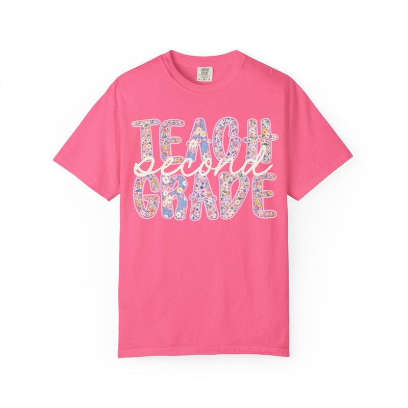 Second Grade Teacher Tee Shirt with Flowers, Cute 90s Aesthetic Back to School Teacher Team Shirt, Cozy Cottagecore Tee, First Day of School - Opal and June
