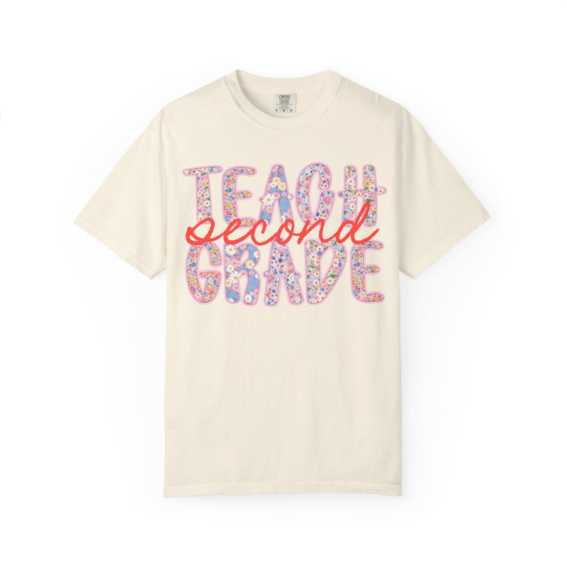 Second Grade Teacher Tee Shirt with Flowers, Cute 90s Aesthetic Back to School Teacher Team Shirt, Cozy Cottagecore Tee, First Day of School - Opal and June