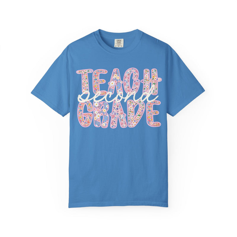 Second Grade Teacher Tee Shirt with Flowers, Cute 90s Aesthetic Back to School Teacher Team Shirt, Cozy Cottagecore Tee, First Day of School - Opal and June