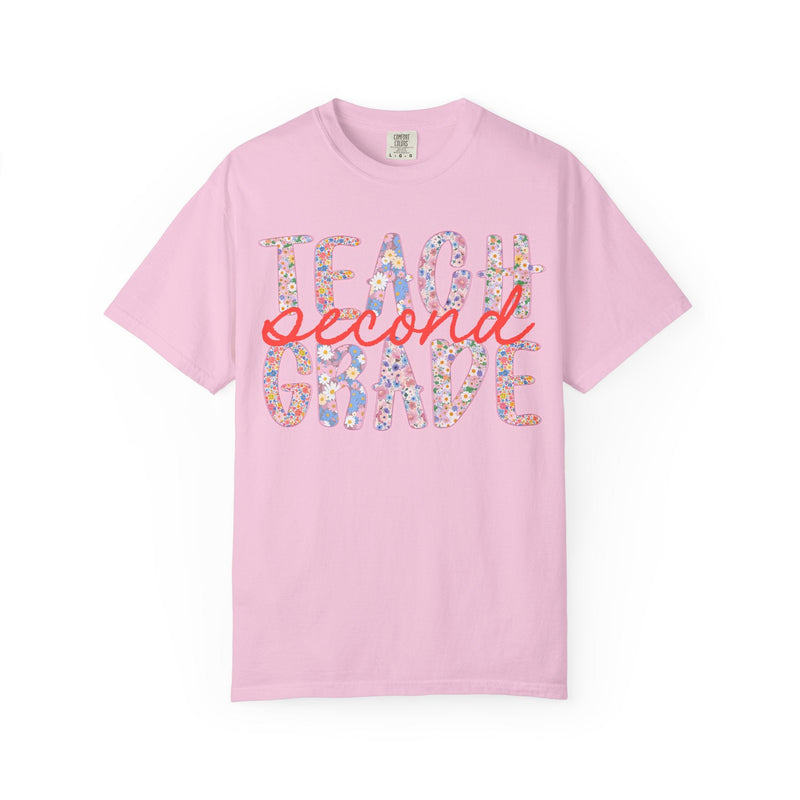 Second Grade Teacher Tee Shirt with Flowers, Cute 90s Aesthetic Back to School Teacher Team Shirt, Cozy Cottagecore Tee, First Day of School - Opal and June
