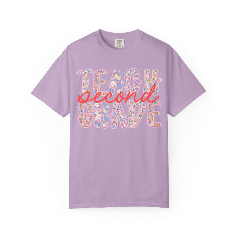 Second Grade Teacher Tee Shirt with Flowers, Cute 90s Aesthetic Back to School Teacher Team Shirt, Cozy Cottagecore Tee, First Day of School - Opal and June
