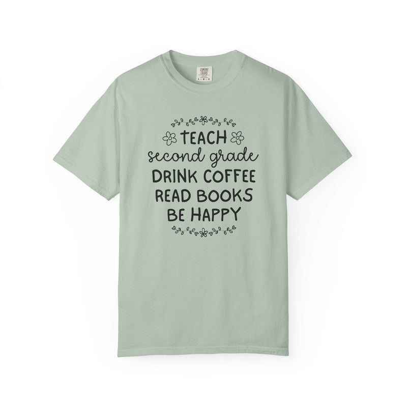 Second Grade Teacher Tee Shirt with Flowers, Cute Matching Book Lover Teacher Team T-Shirt, Back to School, Coffee Lover New Teacher Gift - Opal and June