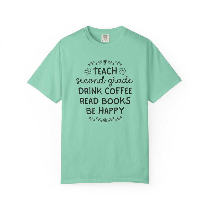 Second Grade Teacher Tee Shirt with Flowers, Cute Matching Book Lover Teacher Team T-Shirt, Back to School, Coffee Lover New Teacher Gift - Opal and June