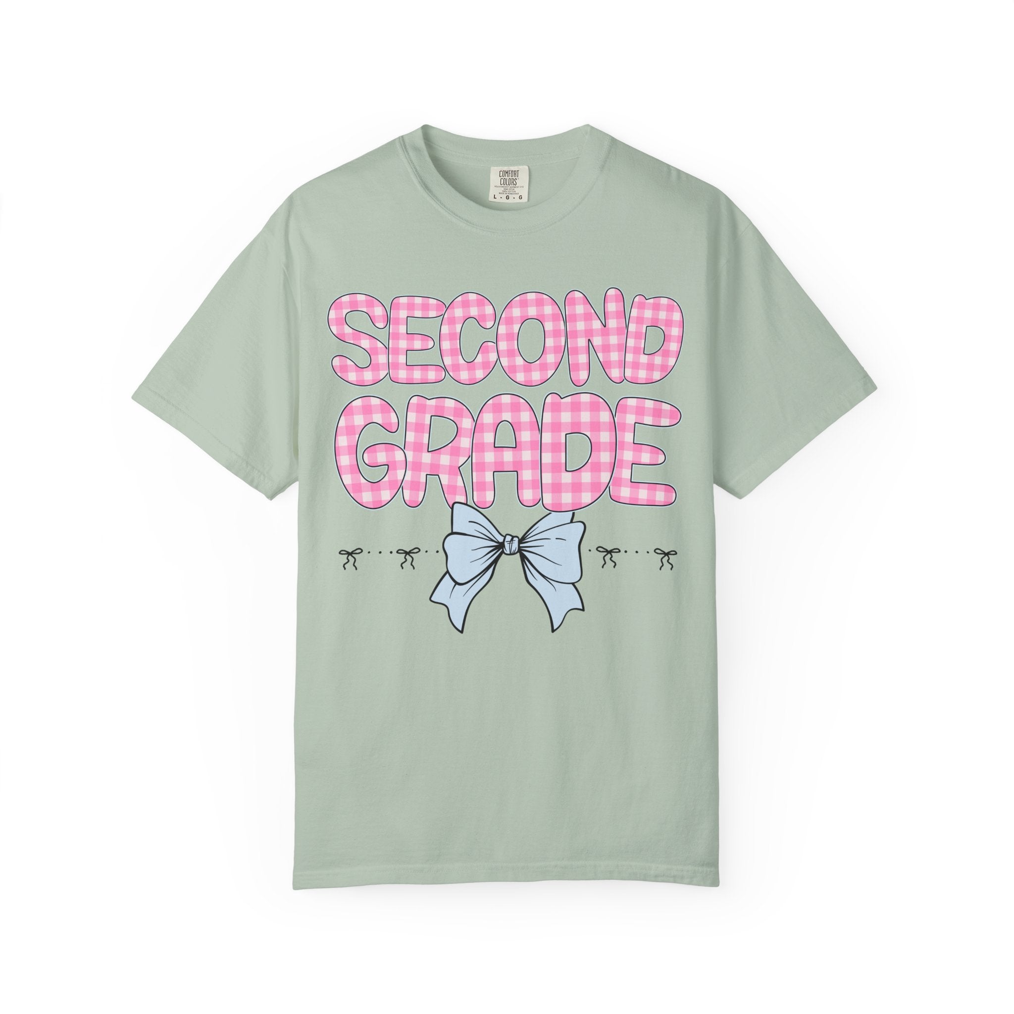 Second Grade Teacher Tee Shirt with Pink Gingham Letters, First Day of School, Back to School Matching Teacher Tee with Bow, Soft Girl Style - Opal and June