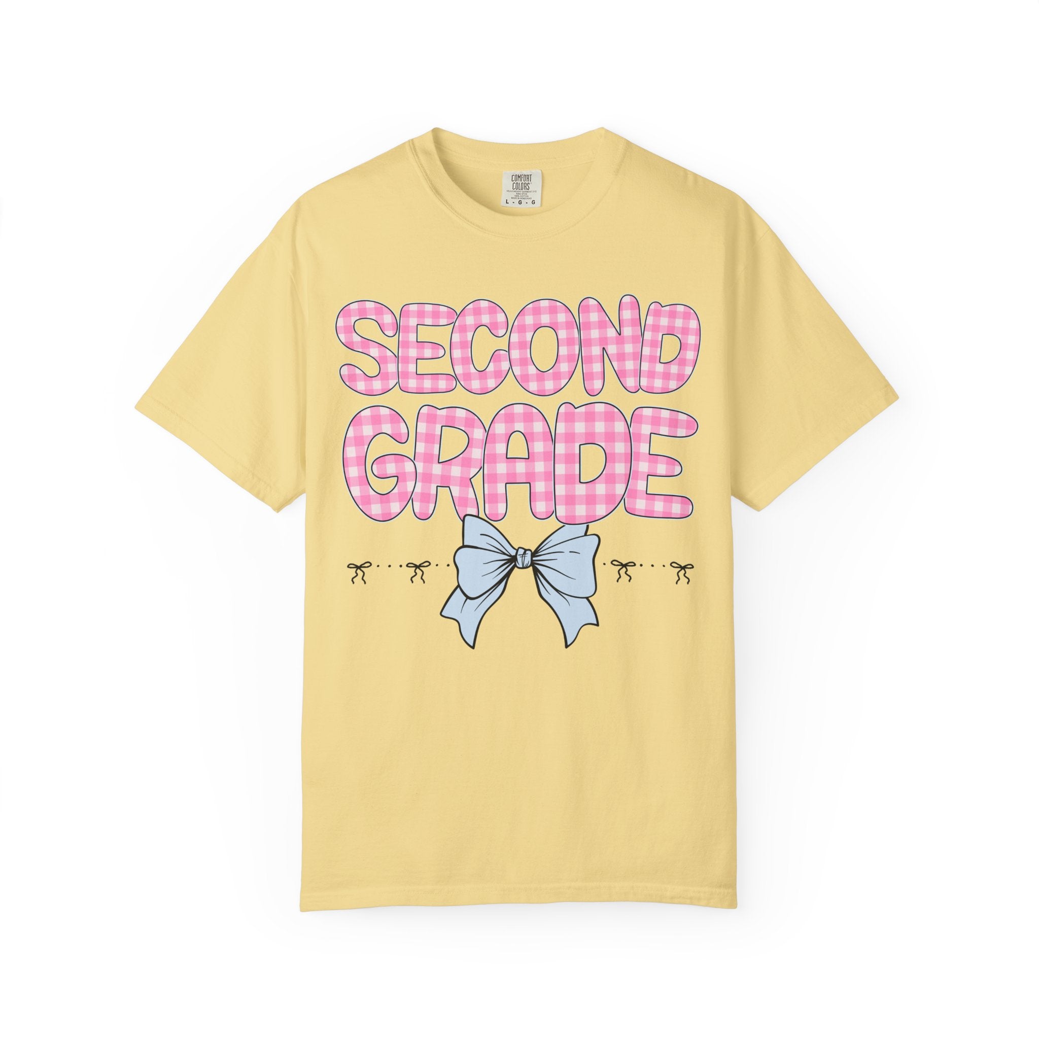 Second Grade Teacher Tee Shirt with Pink Gingham Letters, First Day of School, Back to School Matching Teacher Tee with Bow, Soft Girl Style - Opal and June