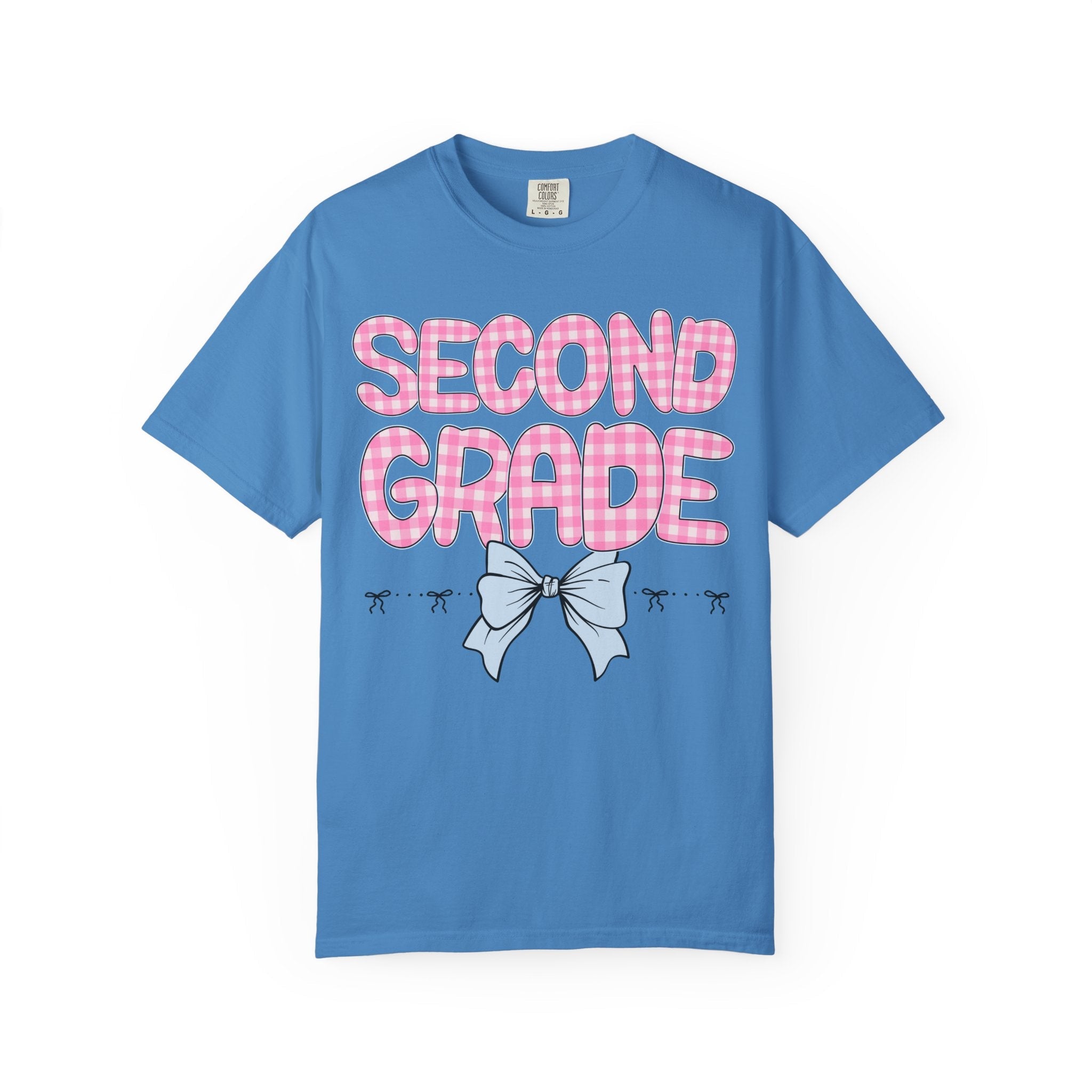 Second Grade Teacher Tee Shirt with Pink Gingham Letters, First Day of School, Back to School Matching Teacher Tee with Bow, Soft Girl Style - Opal and June