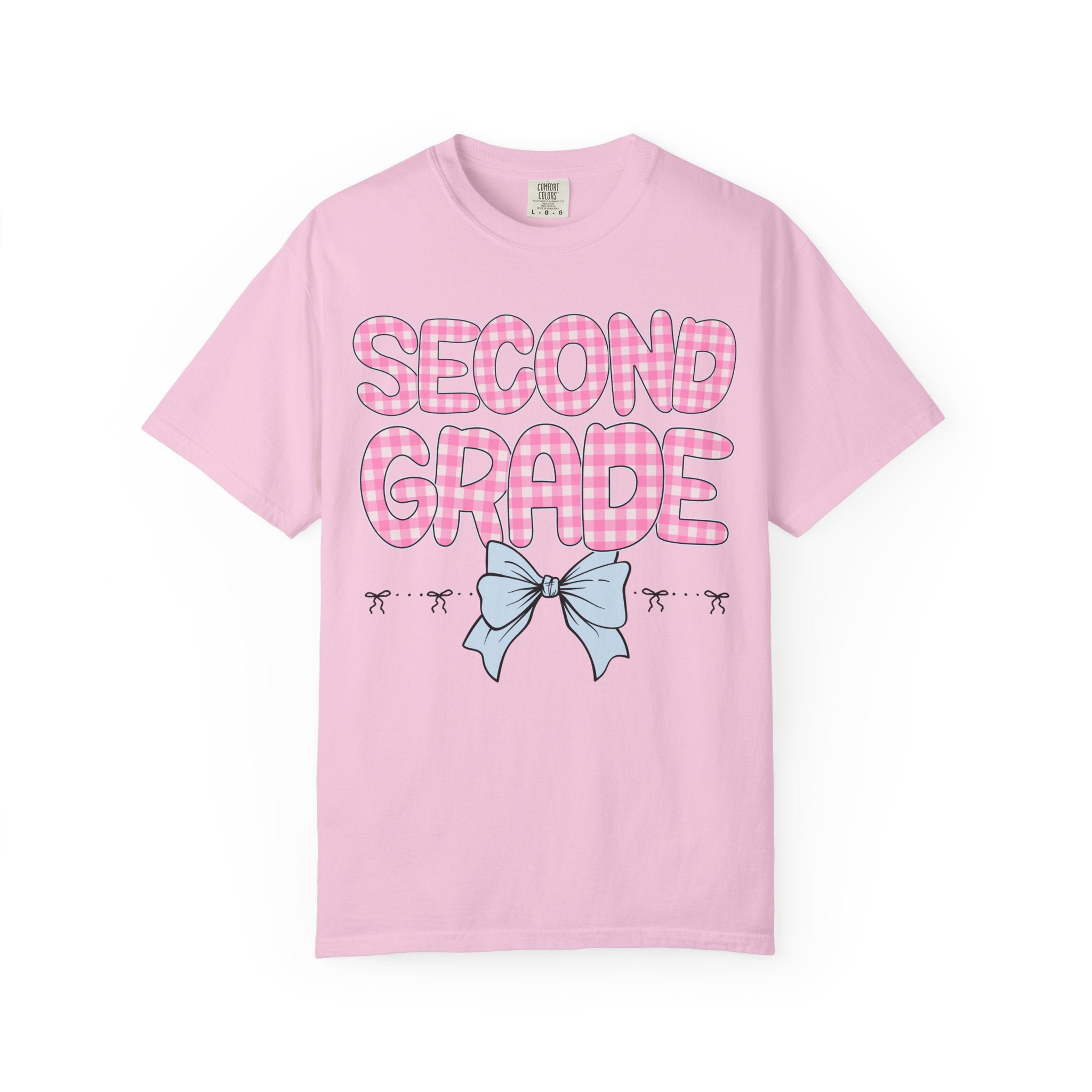 Second Grade Teacher Tee Shirt with Pink Gingham Letters, First Day of School, Back to School Matching Teacher Tee with Bow, Soft Girl Style - Opal and June