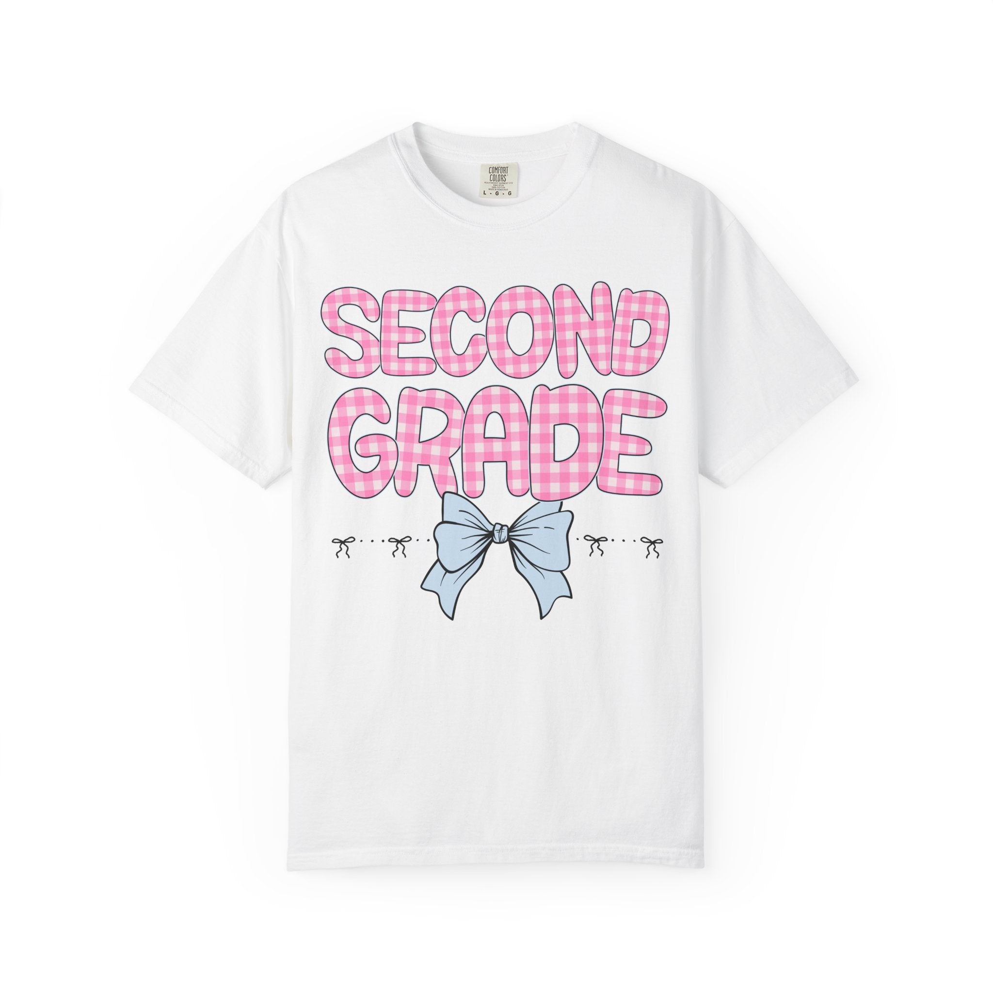 Second Grade Teacher Tee Shirt with Pink Gingham Letters, First Day of School, Back to School Matching Teacher Tee with Bow, Soft Girl Style - Opal and June