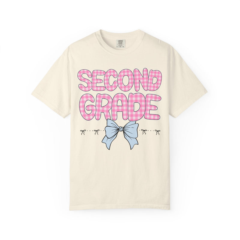 Second Grade Teacher Tee Shirt with Pink Gingham Letters, First Day of School, Back to School Matching Teacher Tee with Bow, Soft Girl Style - Opal and June