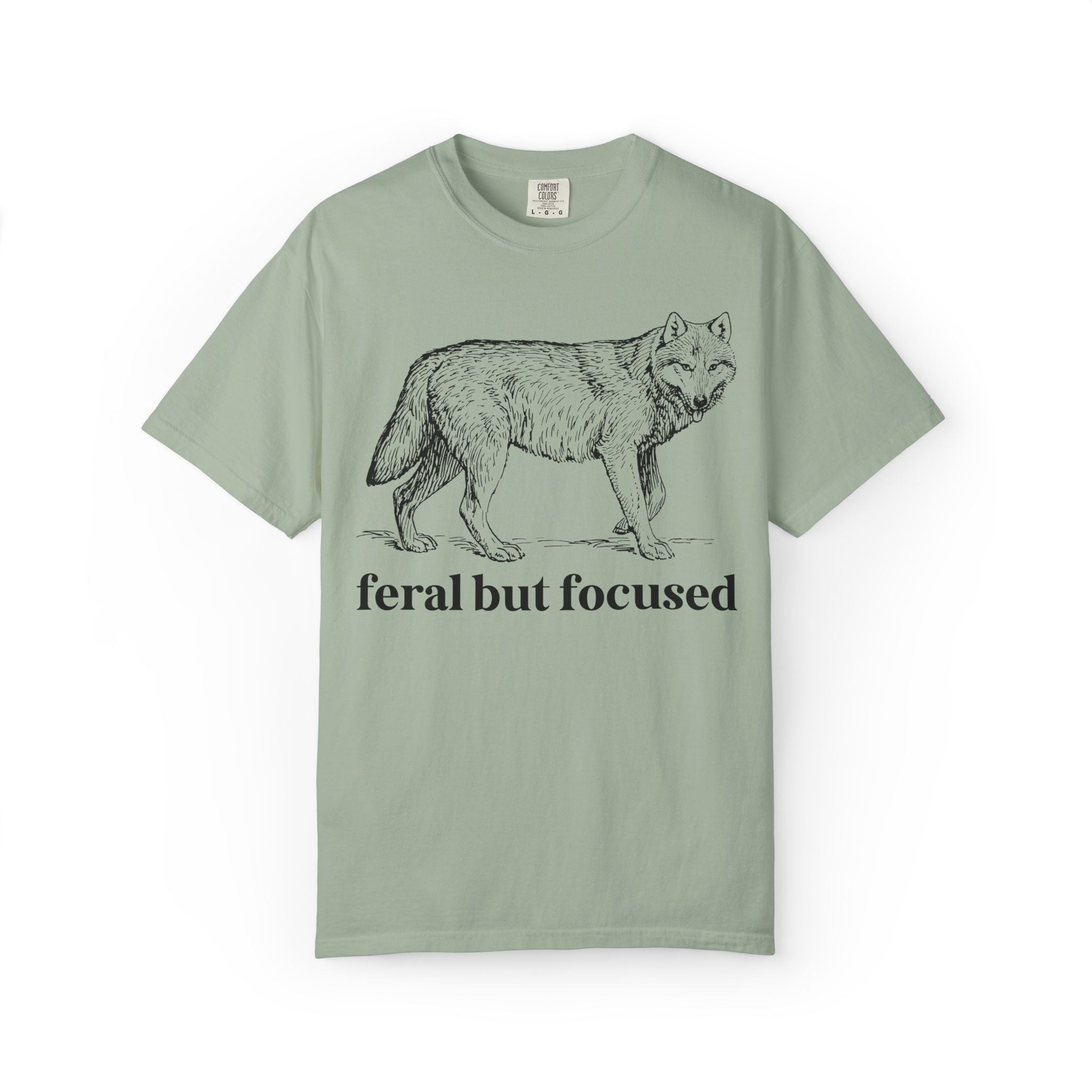 Silly Animal Lover Tee Shirt with Illustration of Wolf: Feral But Focused, Funny Goblincore Shirt, Biology Major Present, Cute Birthday Gift - Opal and June