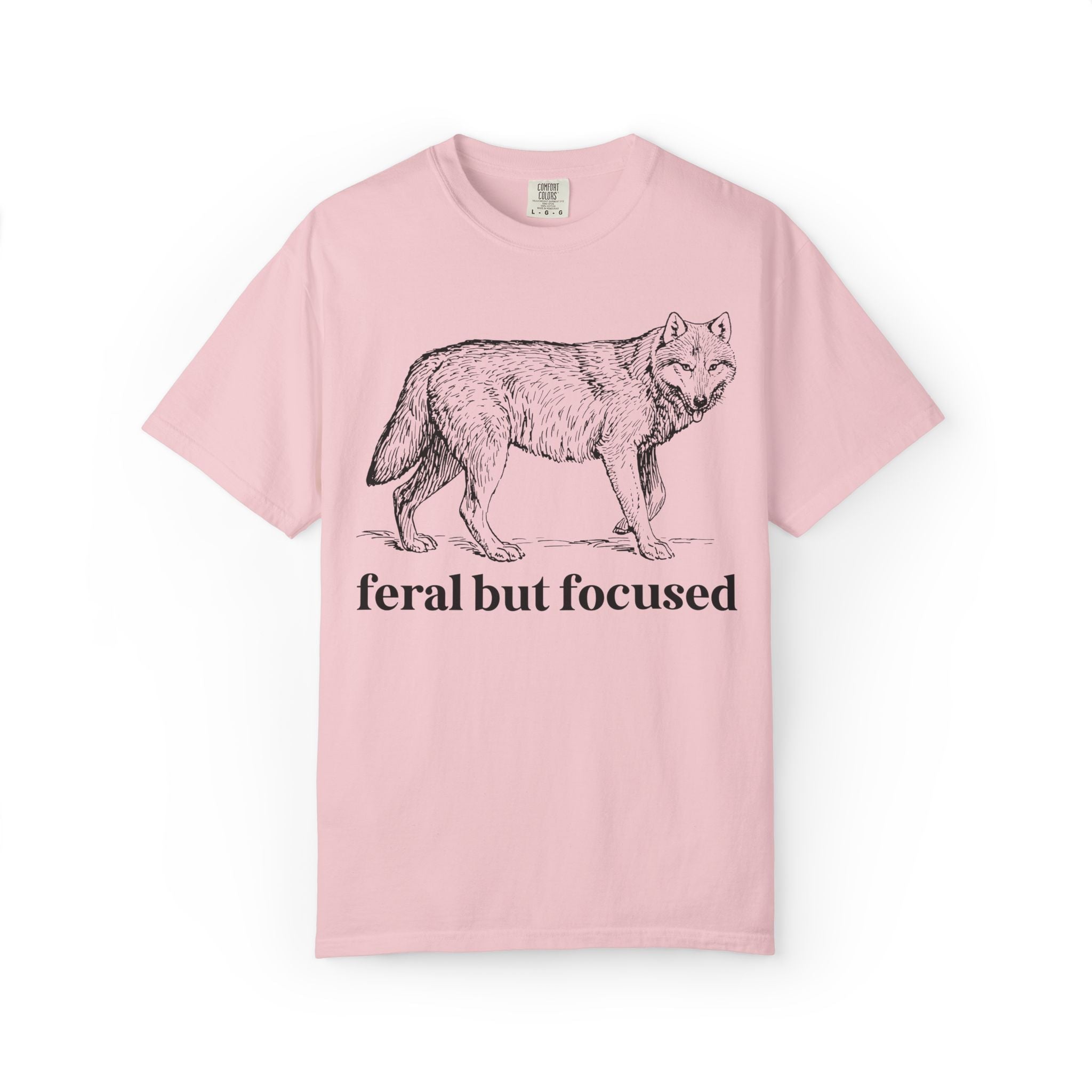 Silly Animal Lover Tee Shirt with Illustration of Wolf: Feral But Focused, Funny Goblincore Shirt, Biology Major Present, Cute Birthday Gift - Opal and June