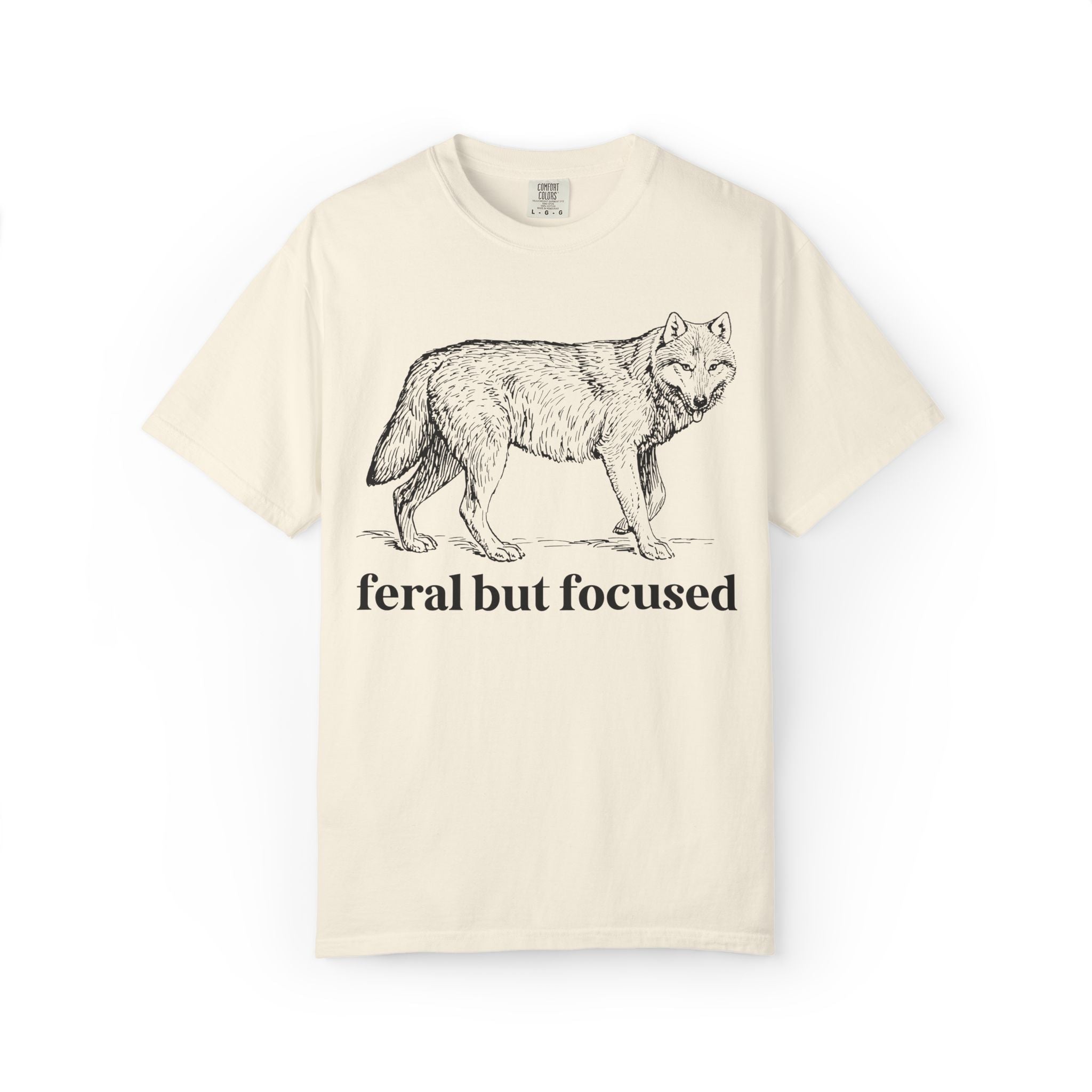 Silly Animal Lover Tee Shirt with Illustration of Wolf: Feral But Focused, Funny Goblincore Shirt, Biology Major Present, Cute Birthday Gift - Opal and June