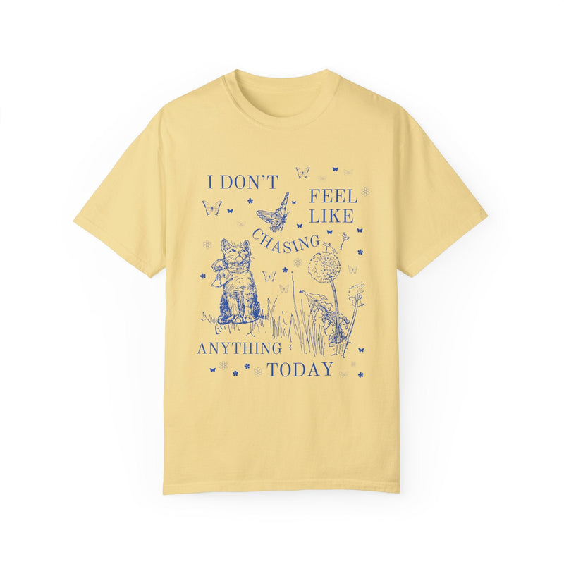 Silly Cat Lover T-Shirt with 90s Tattoo Vibes: I Don't Feel Like Chasing Anything Today, Funny Saying Shirt, Butterfly Lover Gift, Cat Mom - Opal and June