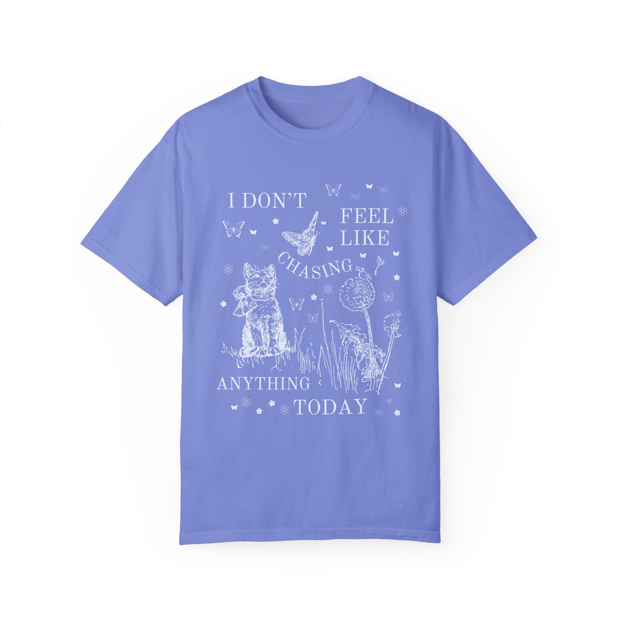 Silly Cat Lover T-Shirt with 90s Tattoo Vibes: I Don't Feel Like Chasing Anything Today, Funny Saying Shirt, Butterfly Lover Gift, Cat Mom - Opal and June