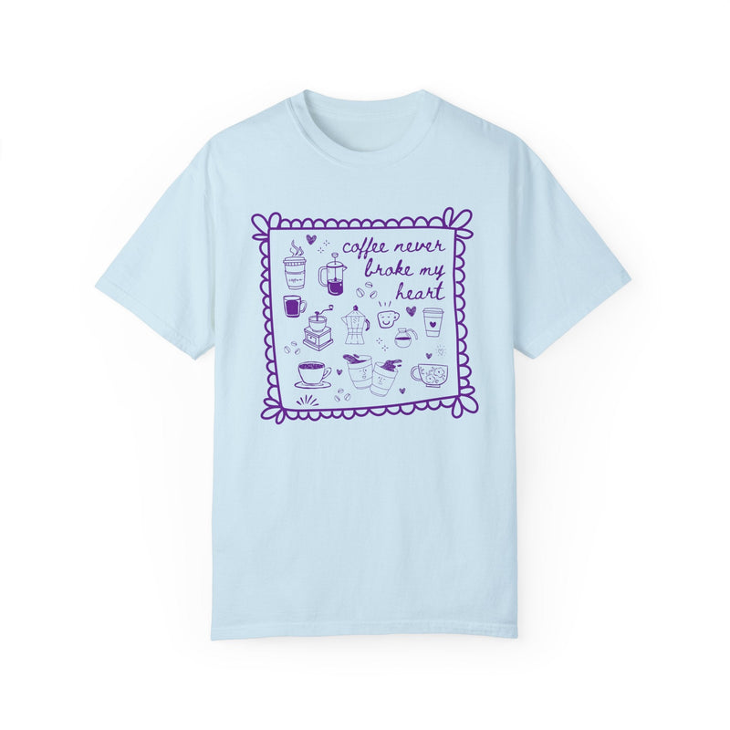 Silly Coffee Lover Gift with Adorable Y2K Aesthetic Doodles: Coffee Never Broke My Heart, Silly 90s Aesthetic Funny Saying Shirt for Friend - Opal and June