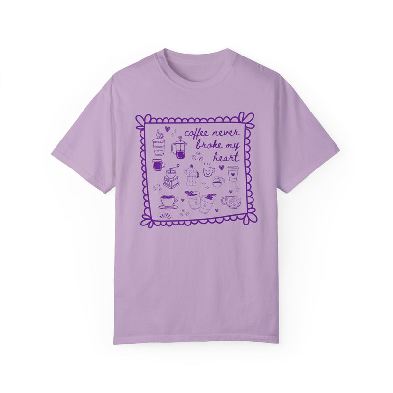 Silly Coffee Lover Gift with Adorable Y2K Aesthetic Doodles: Coffee Never Broke My Heart, Silly 90s Aesthetic Funny Saying Shirt for Friend - Opal and June