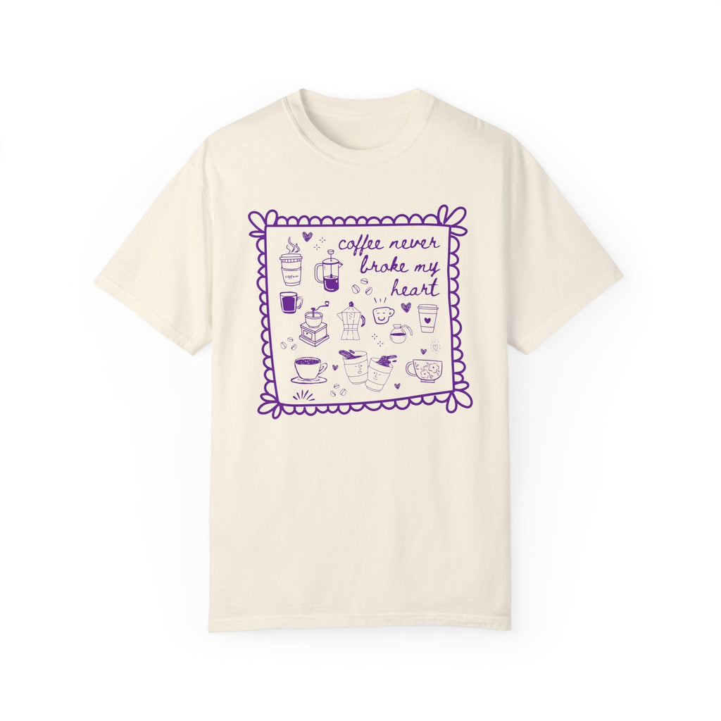 Silly Coffee Lover Gift with Adorable Y2K Aesthetic Doodles: Coffee Never Broke My Heart, Silly 90s Aesthetic Funny Saying Shirt for Friend - Opal and June