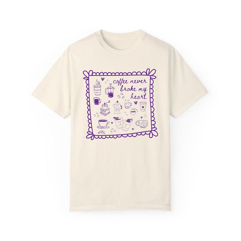 Silly Coffee Lover Gift with Adorable Y2K Aesthetic Doodles: Coffee Never Broke My Heart, Silly 90s Aesthetic Funny Saying Shirt for Friend - Opal and June