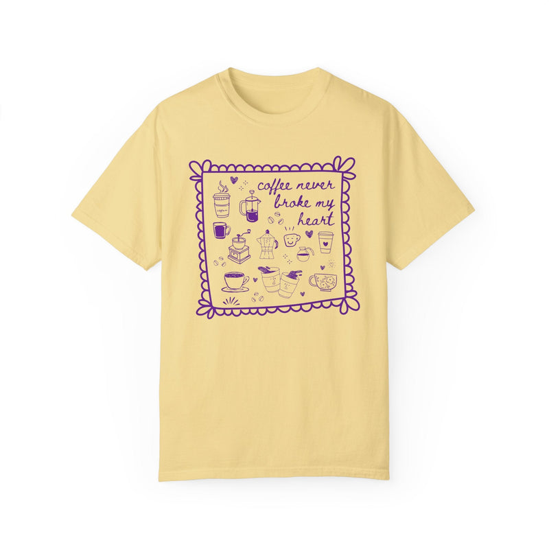 Silly Coffee Lover Gift with Adorable Y2K Aesthetic Doodles: Coffee Never Broke My Heart, Silly 90s Aesthetic Funny Saying Shirt for Friend - Opal and June