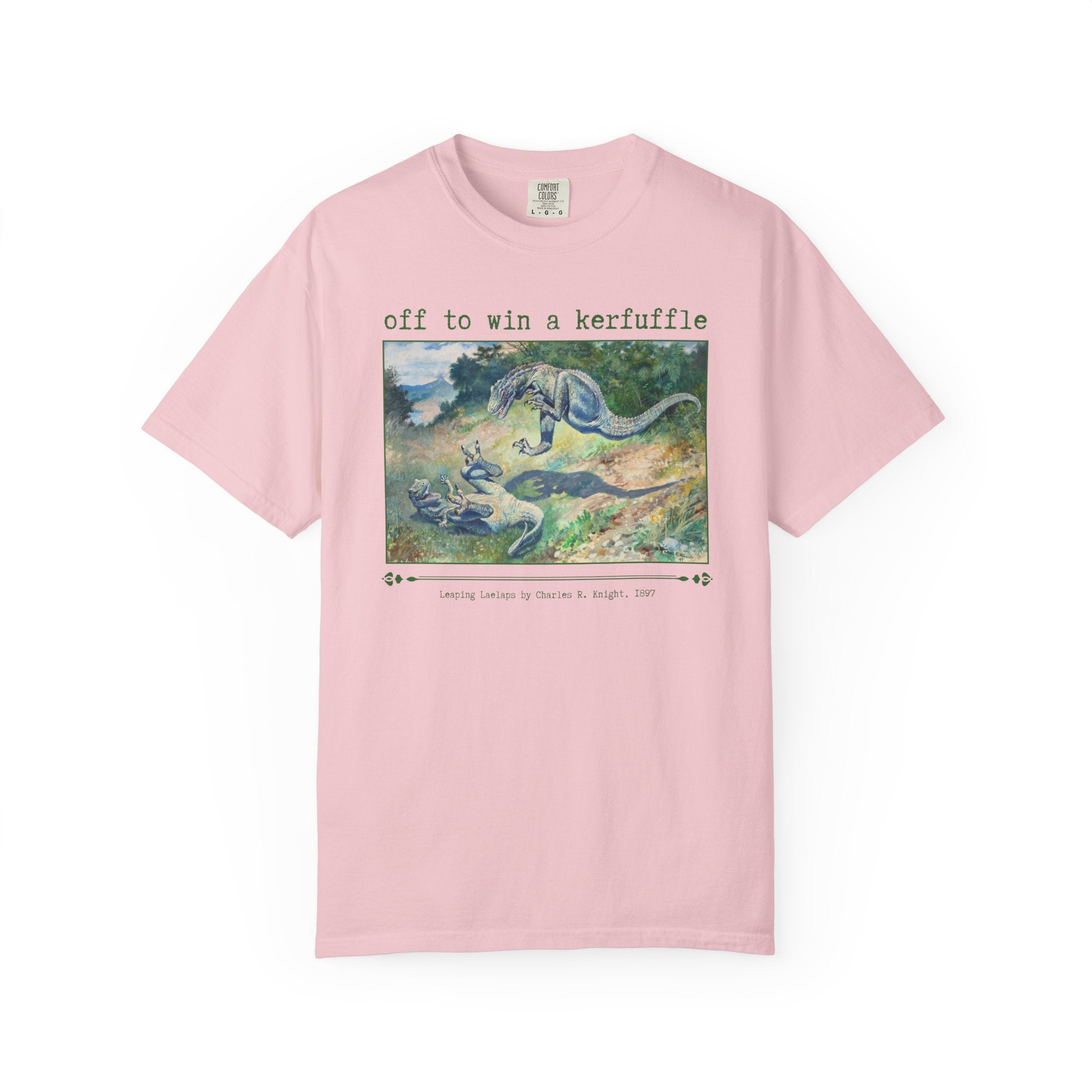 Silly Dinosaur Lover Tee Shirt with Vintage Dinosaur Painting by Charles R Knight: Off to Win a Kerfuffle, Colorful Maximalist Sarcastic Tee - Opal and June