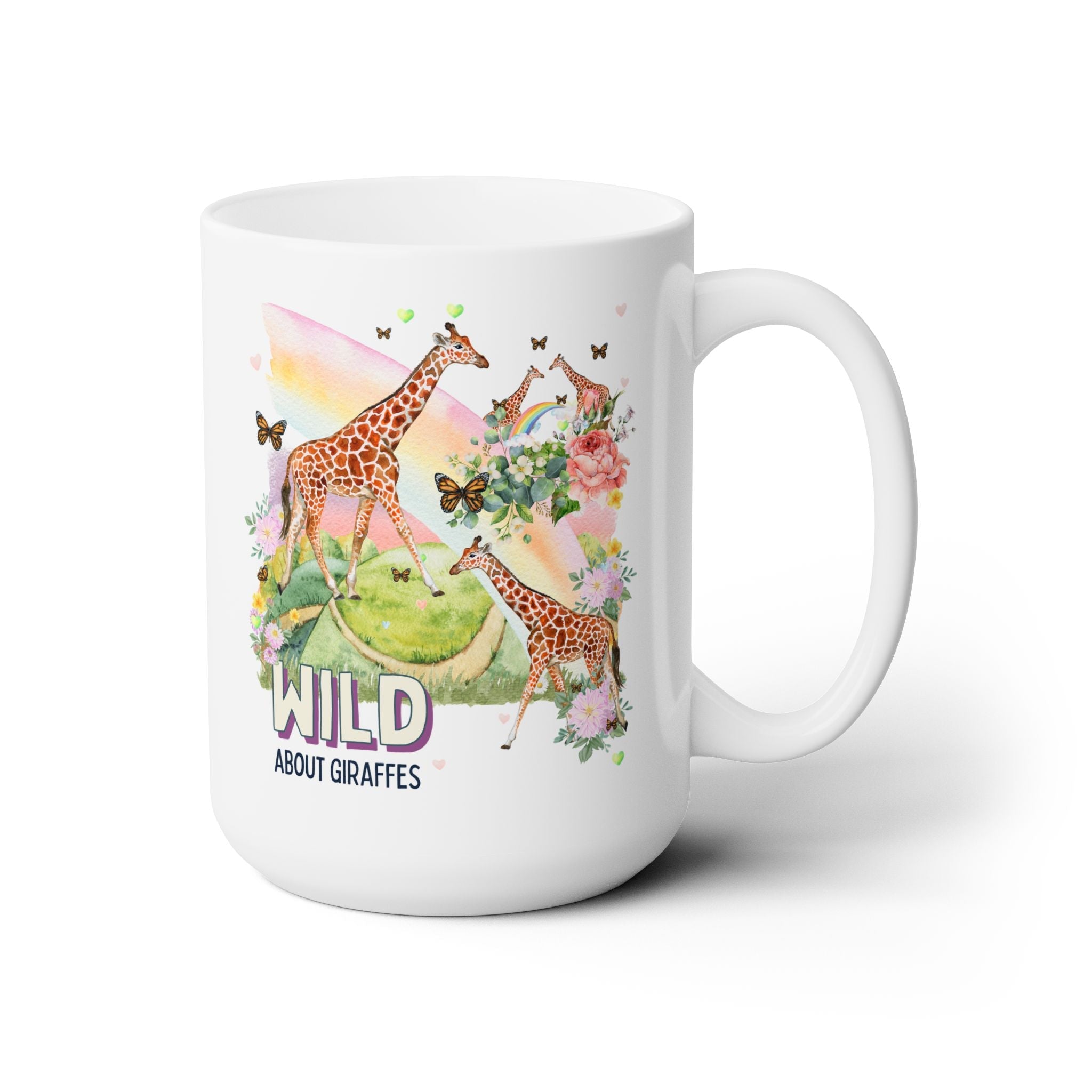 Silly Giraffe Coffee Mug for Animal Lover: Wild About Giraffes | Kitschy Nineties Style 15 Oz Coffee Mug with Rainbow - Opal and June