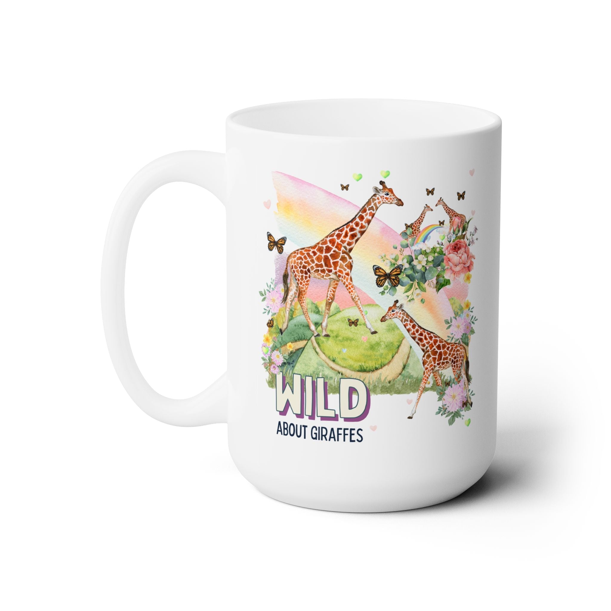 Silly Giraffe Coffee Mug for Animal Lover: Wild About Giraffes | Kitschy Nineties Style 15 Oz Coffee Mug with Rainbow - Opal and June