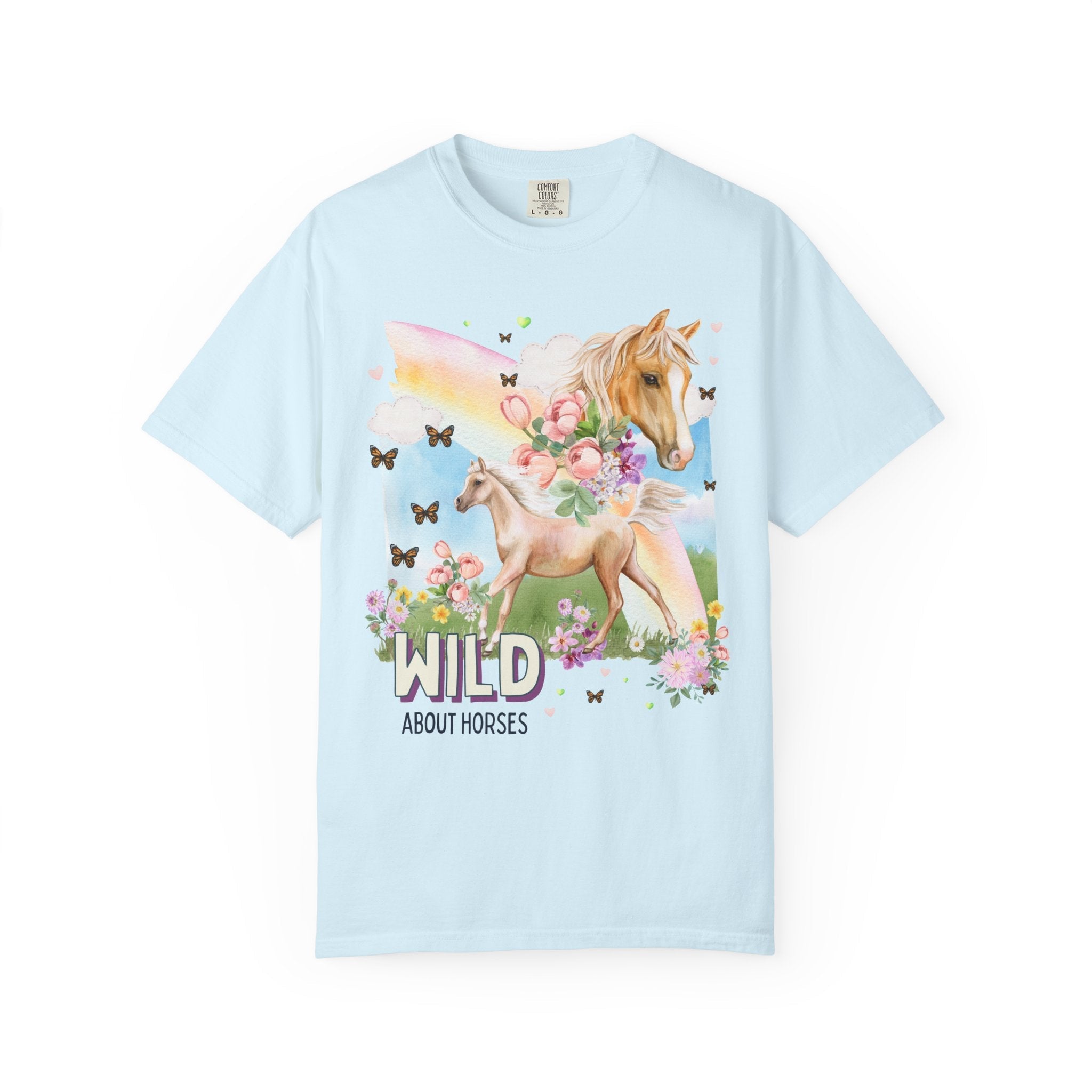 Silly Horse Shirt for Animal Lover: Wild About Horses, Kitschy Nineties Style Tee with Rainbow, Boho Butterflies, Whimsigoth Horse Lover Tee - Opal and June