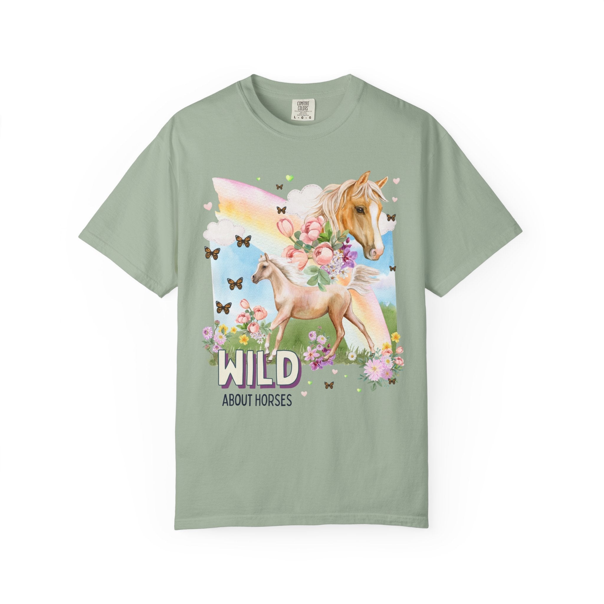 Silly Horse Shirt for Animal Lover: Wild About Horses, Kitschy Nineties Style Tee with Rainbow, Boho Butterflies, Whimsigoth Horse Lover Tee - Opal and June