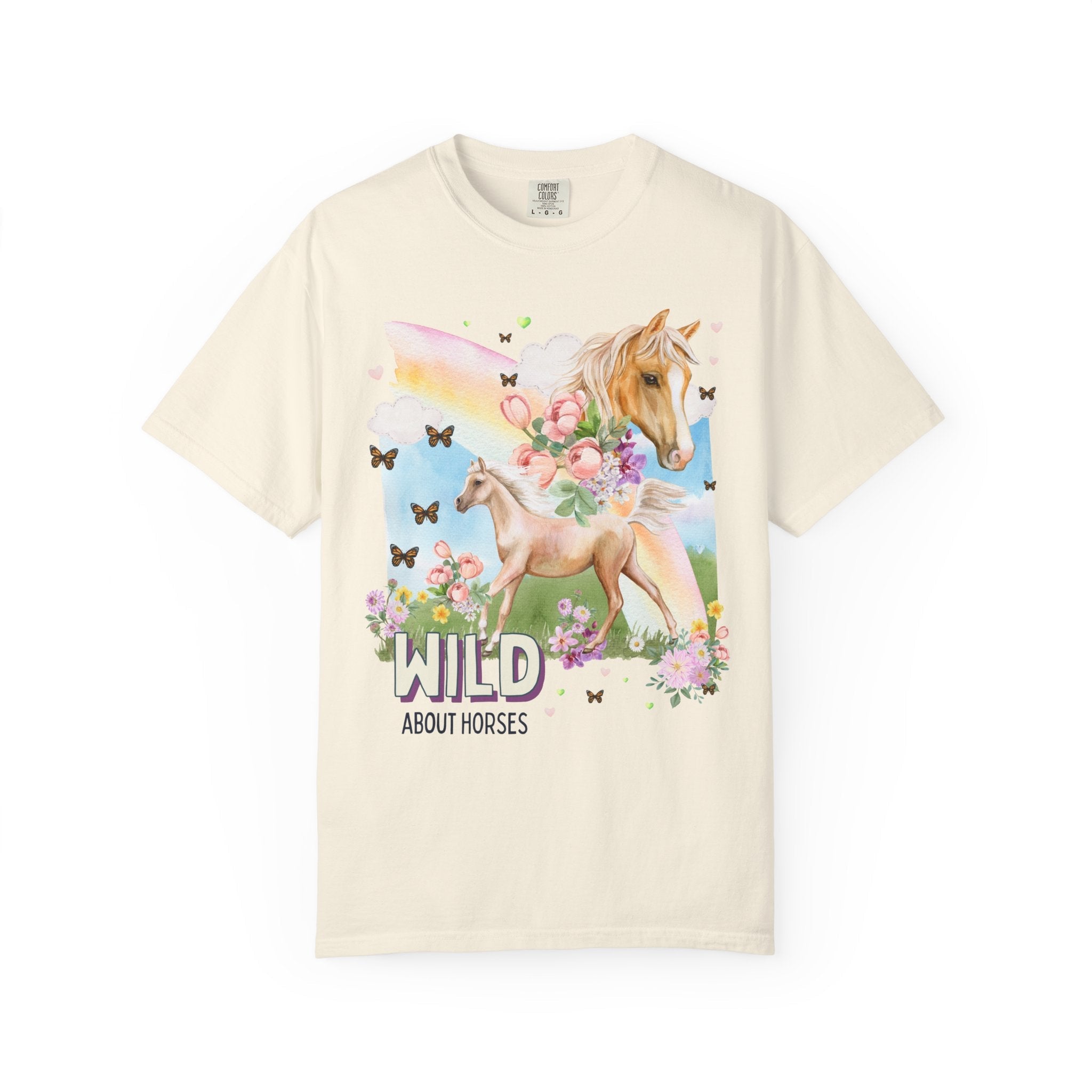 Silly Horse Shirt for Animal Lover: Wild About Horses, Kitschy Nineties Style Tee with Rainbow, Boho Butterflies, Whimsigoth Horse Lover Tee - Opal and June