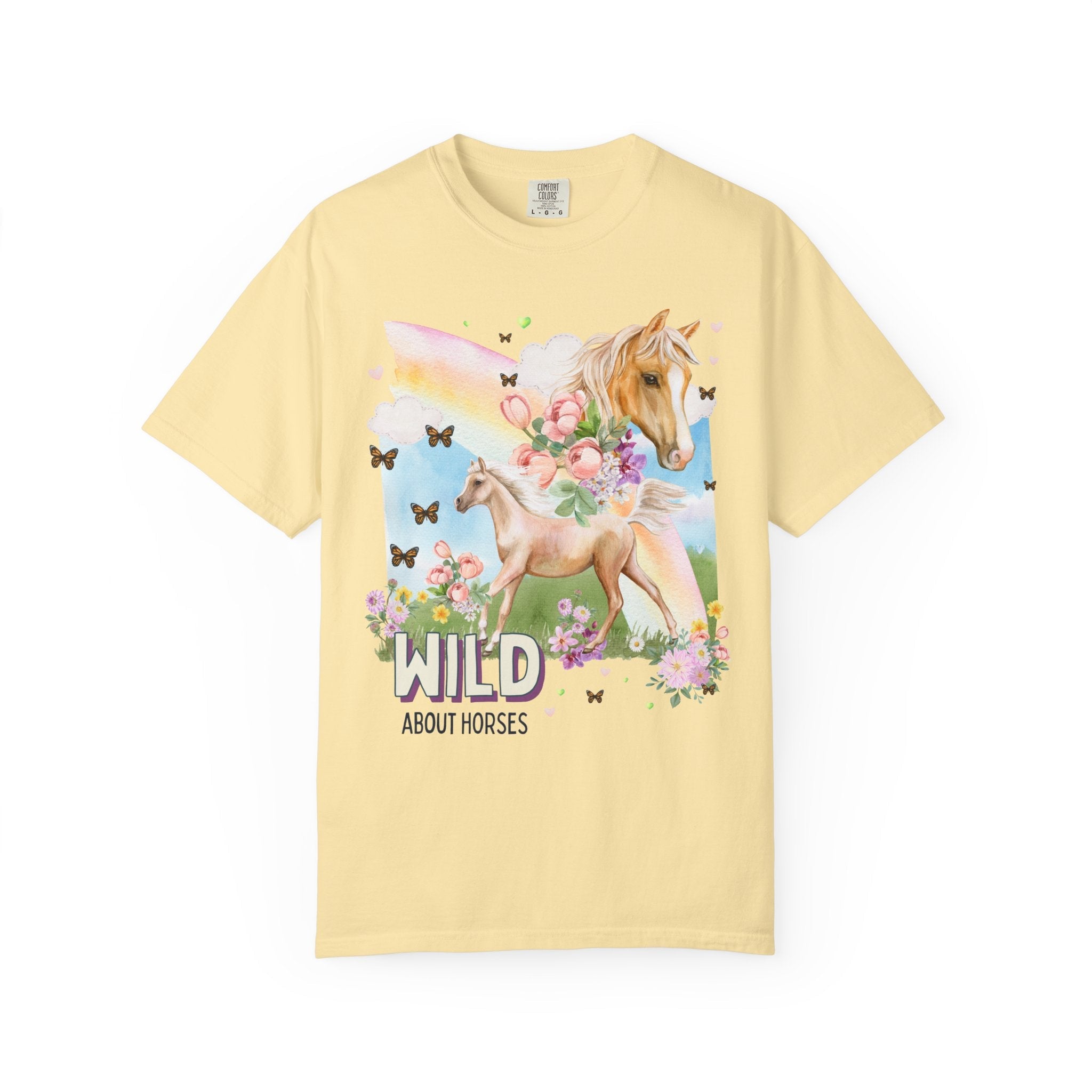 Silly Horse Shirt for Animal Lover: Wild About Horses, Kitschy Nineties Style Tee with Rainbow, Boho Butterflies, Whimsigoth Horse Lover Tee - Opal and June