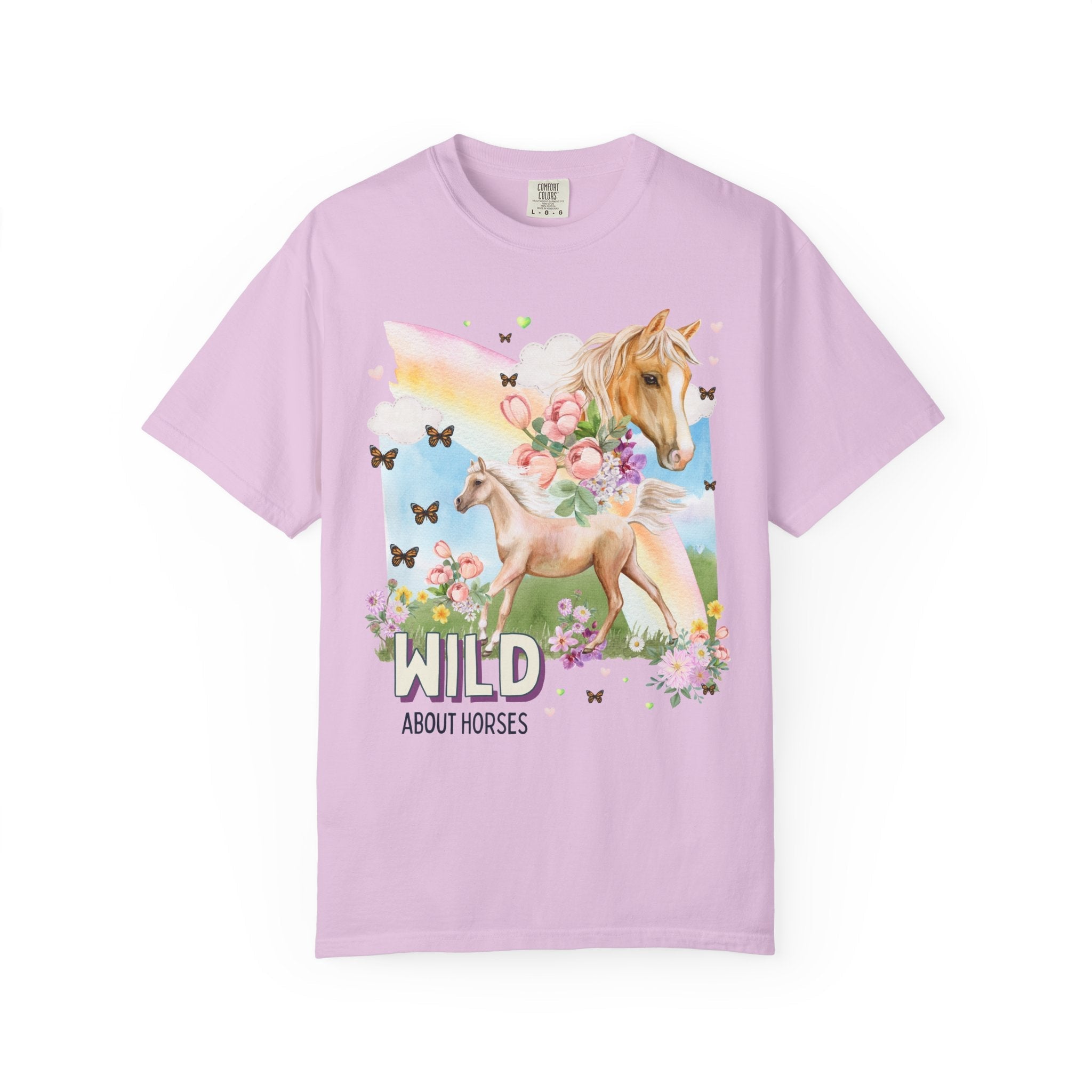 Silly Horse Shirt for Animal Lover: Wild About Horses, Kitschy Nineties Style Tee with Rainbow, Boho Butterflies, Whimsigoth Horse Lover Tee - Opal and June