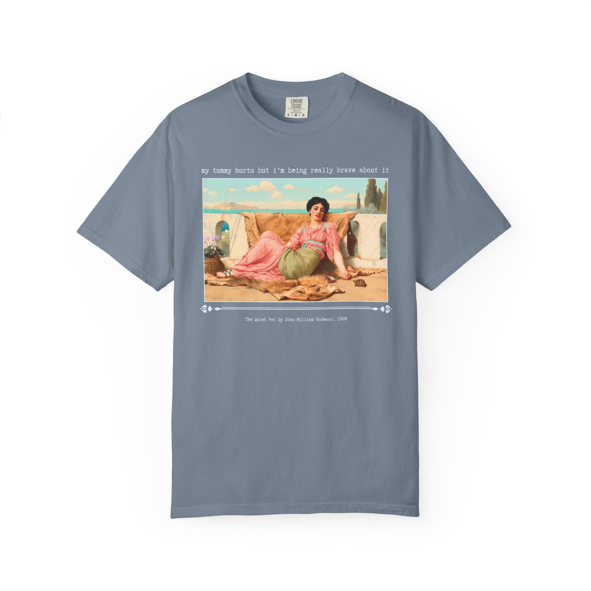 Silly My Tummy Hurts Art History T-Shirt for Art Historian with Chronic Tummy Aches, The Quiet Pet by John William Godward, Early 1900s Art - Opal and June