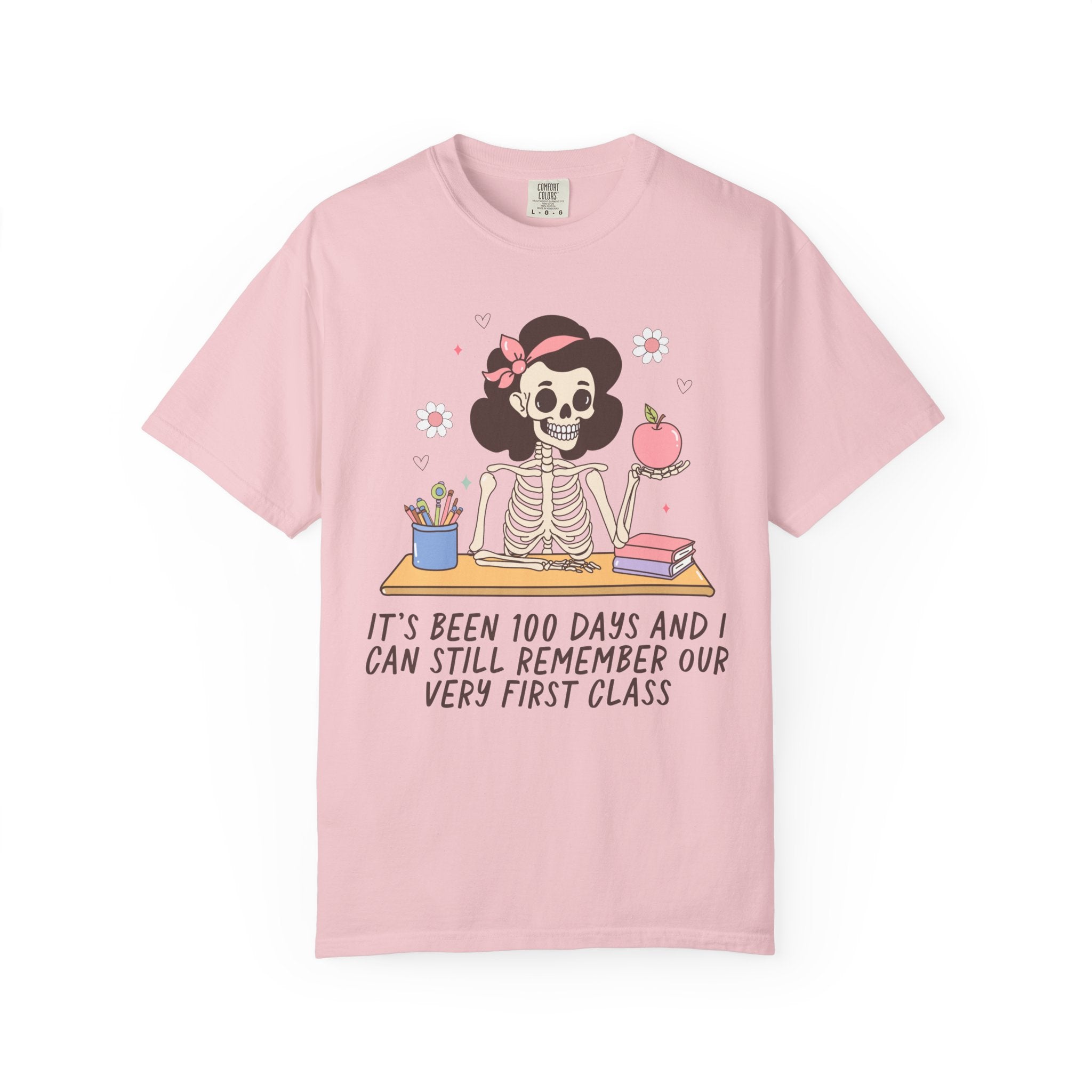 Silly One Hundred Days of School Teacher T-Shirt for Third Grade Crew or Fourth Grade Squad, Funny Retro Skeleton Teacher Holding an Apple - Opal and June
