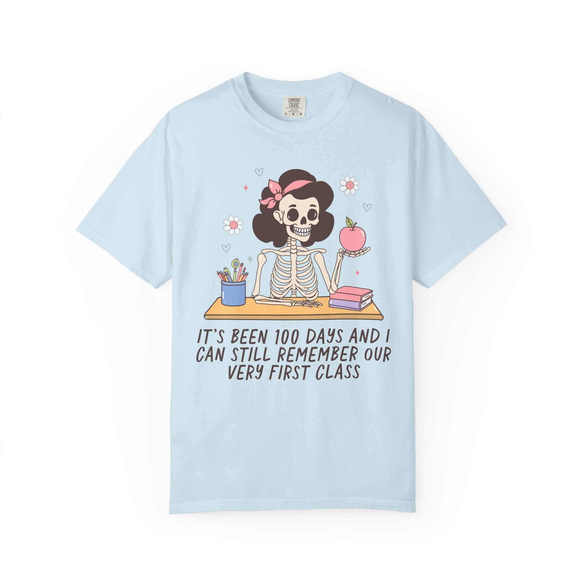 Silly One Hundred Days of School Teacher T-Shirt for Third Grade Crew or Fourth Grade Squad, Funny Retro Skeleton Teacher Holding an Apple - Opal and June