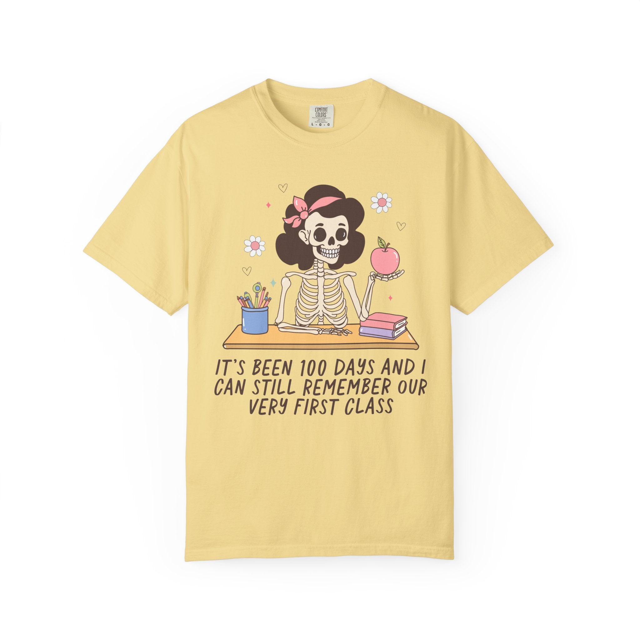 Silly One Hundred Days of School Teacher T-Shirt for Third Grade Crew or Fourth Grade Squad, Funny Retro Skeleton Teacher Holding an Apple - Opal and June