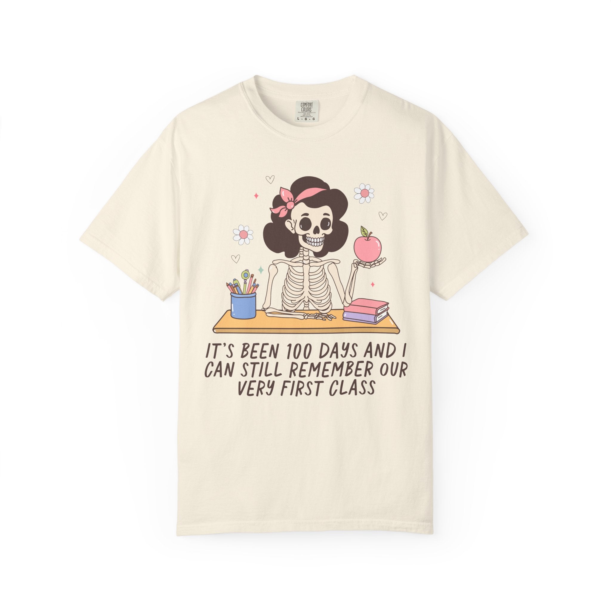 Silly One Hundred Days of School Teacher T-Shirt for Third Grade Crew or Fourth Grade Squad, Funny Retro Skeleton Teacher Holding an Apple - Opal and June