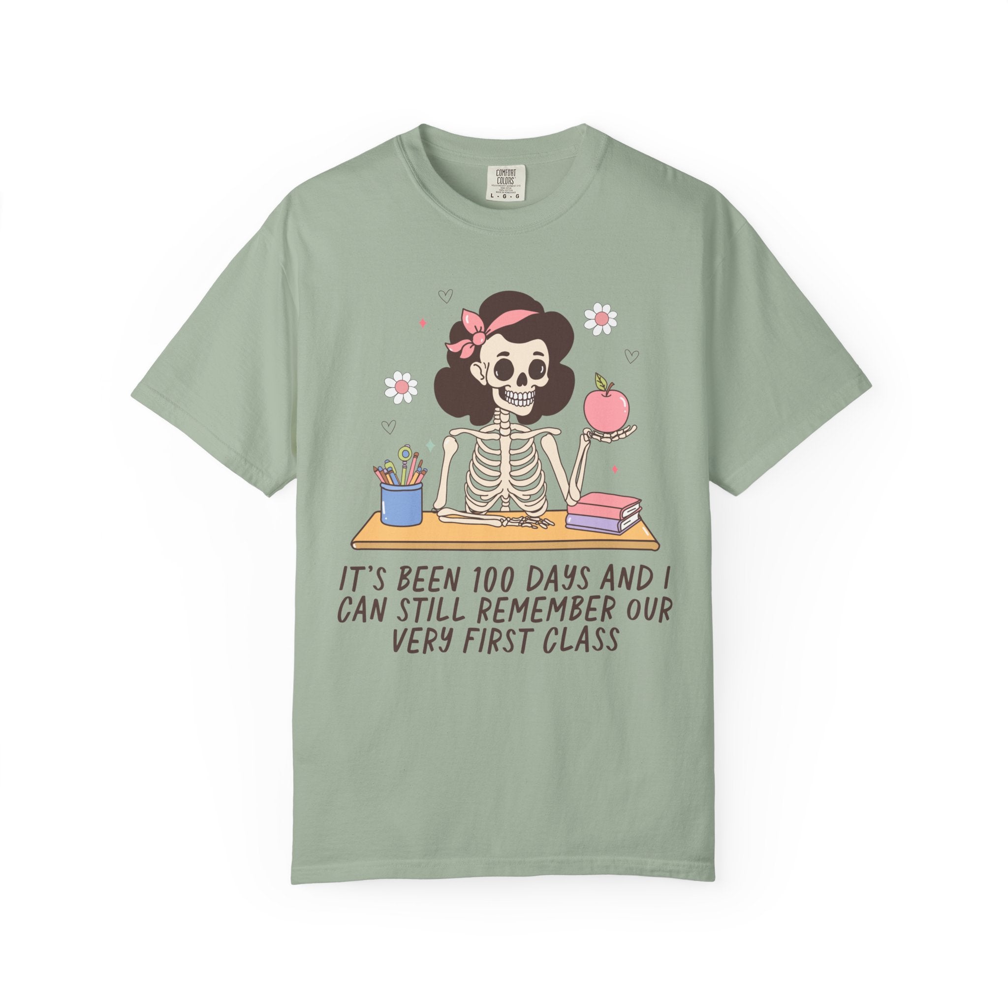 Silly One Hundred Days of School Teacher T-Shirt for Third Grade Crew or Fourth Grade Squad, Funny Retro Skeleton Teacher Holding an Apple - Opal and June